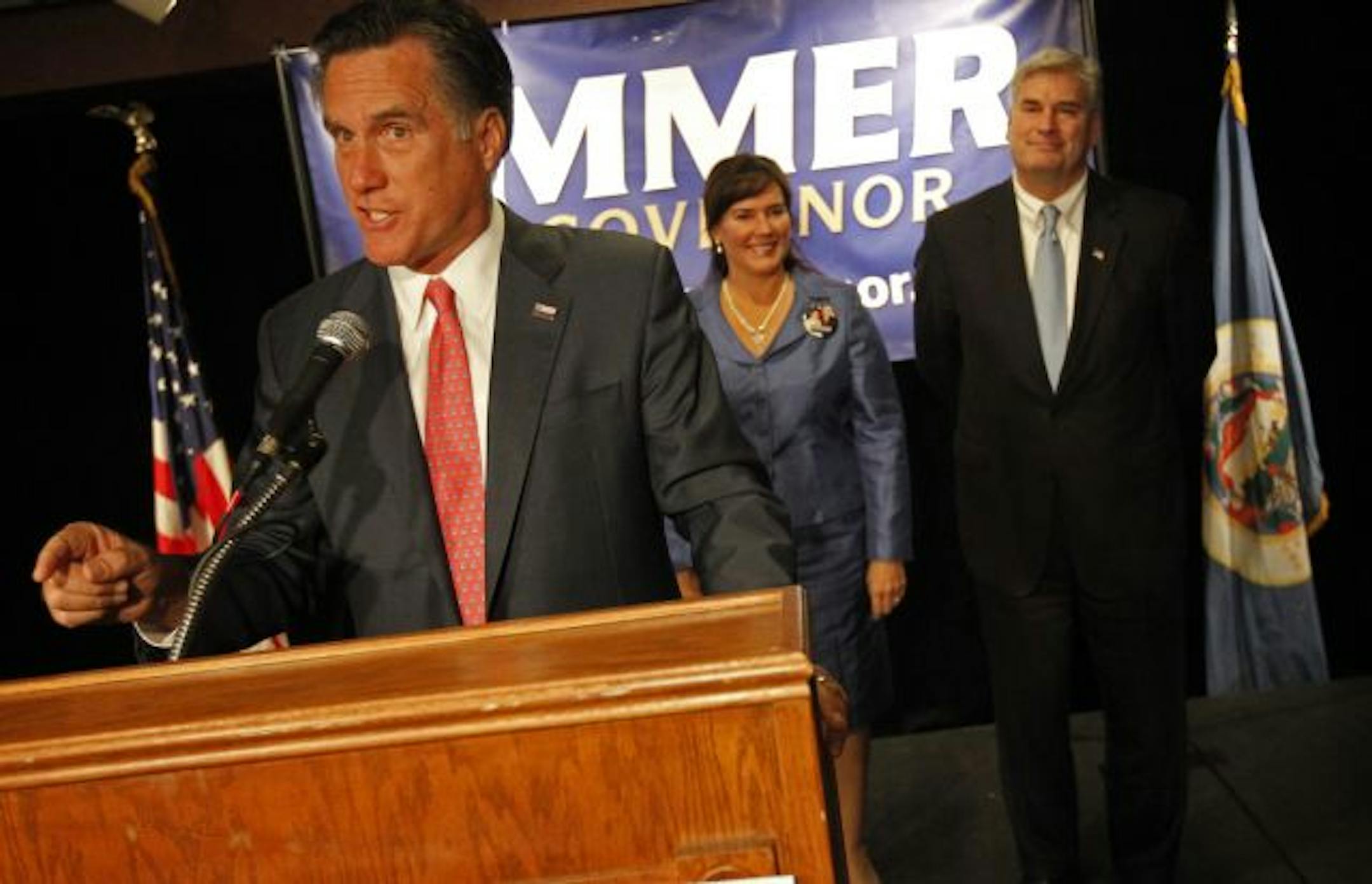 At the Mall of America Ramada, former Massachusetts governor Mitt Romney campaigned for GOP gubernatorial candidate Tom Emmer. In the background is Emmer's wife Jacquie.