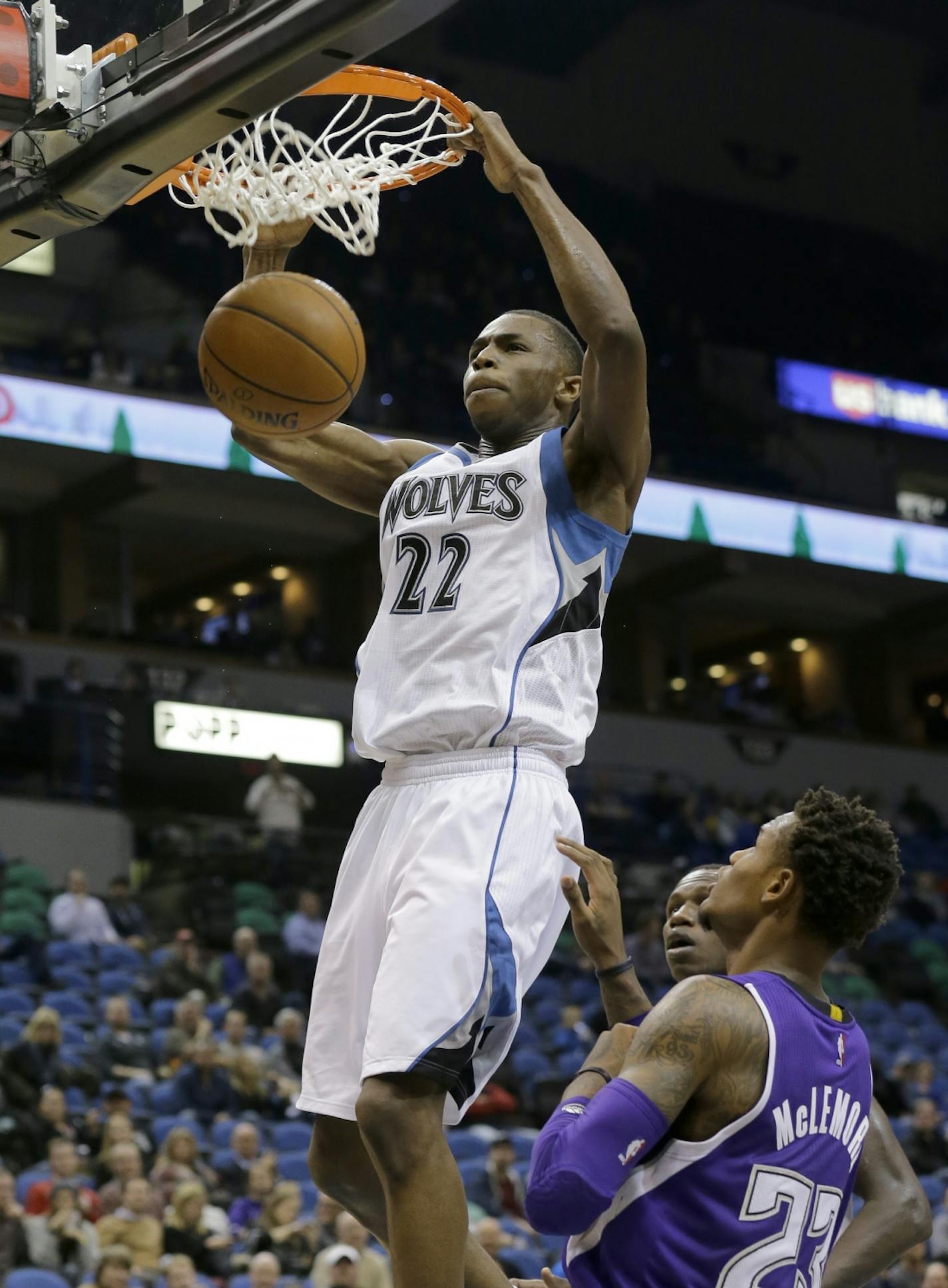 Timberwolves forward Andrew Wiggins dunked over Kings guard Ben McLemore during the fourth quarter of a game at Target Center in November.