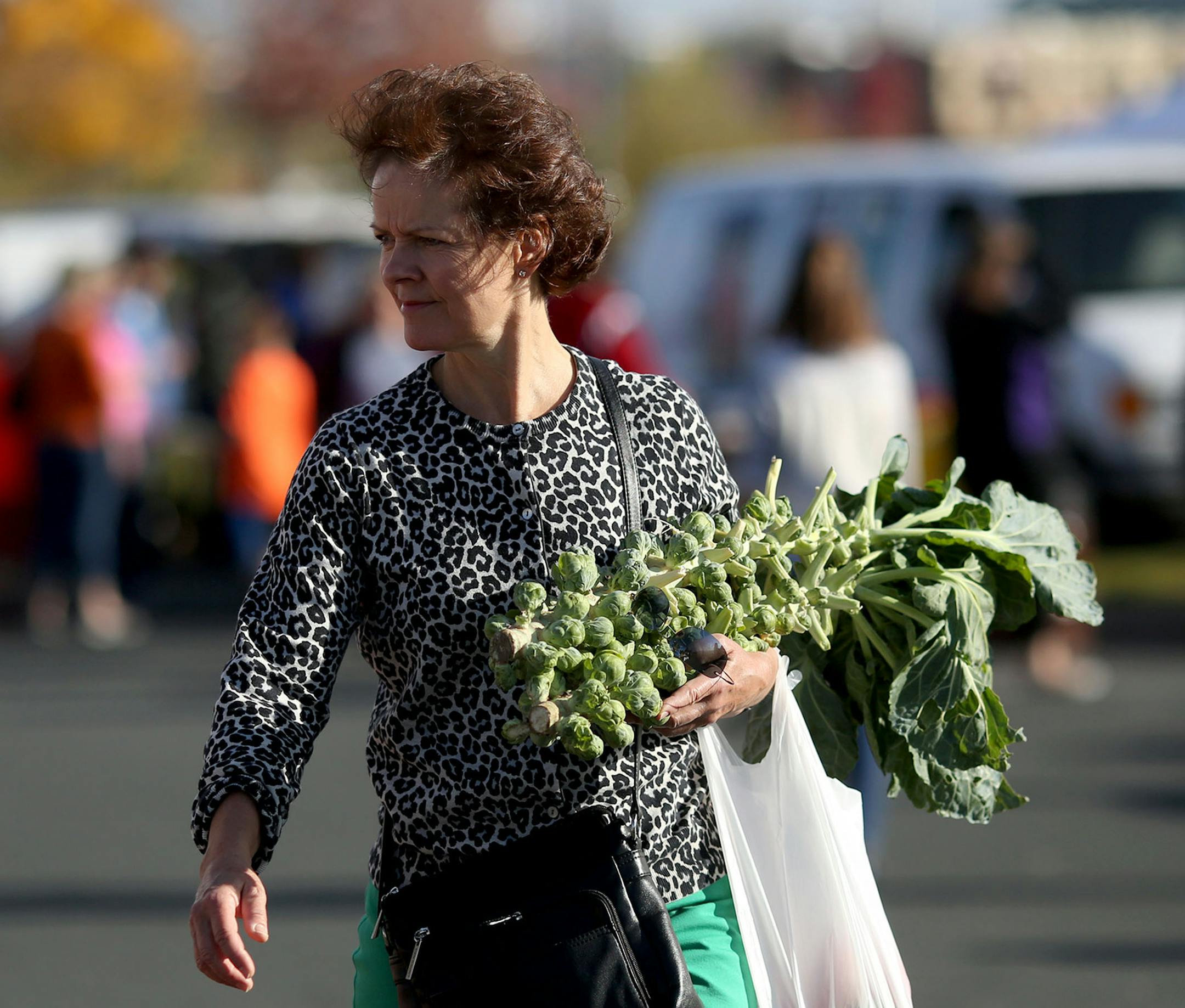 Jackie Coles Worthy carried out a big stalk of brussel sprouts on the way to her car. ] (KYNDELL HARKNESS/STAR TRIBUNE) kyndell.harkness@startribune.com At the Maple Grove farmers' market inMaple Grove Min., Thursday, October 16, 2014.