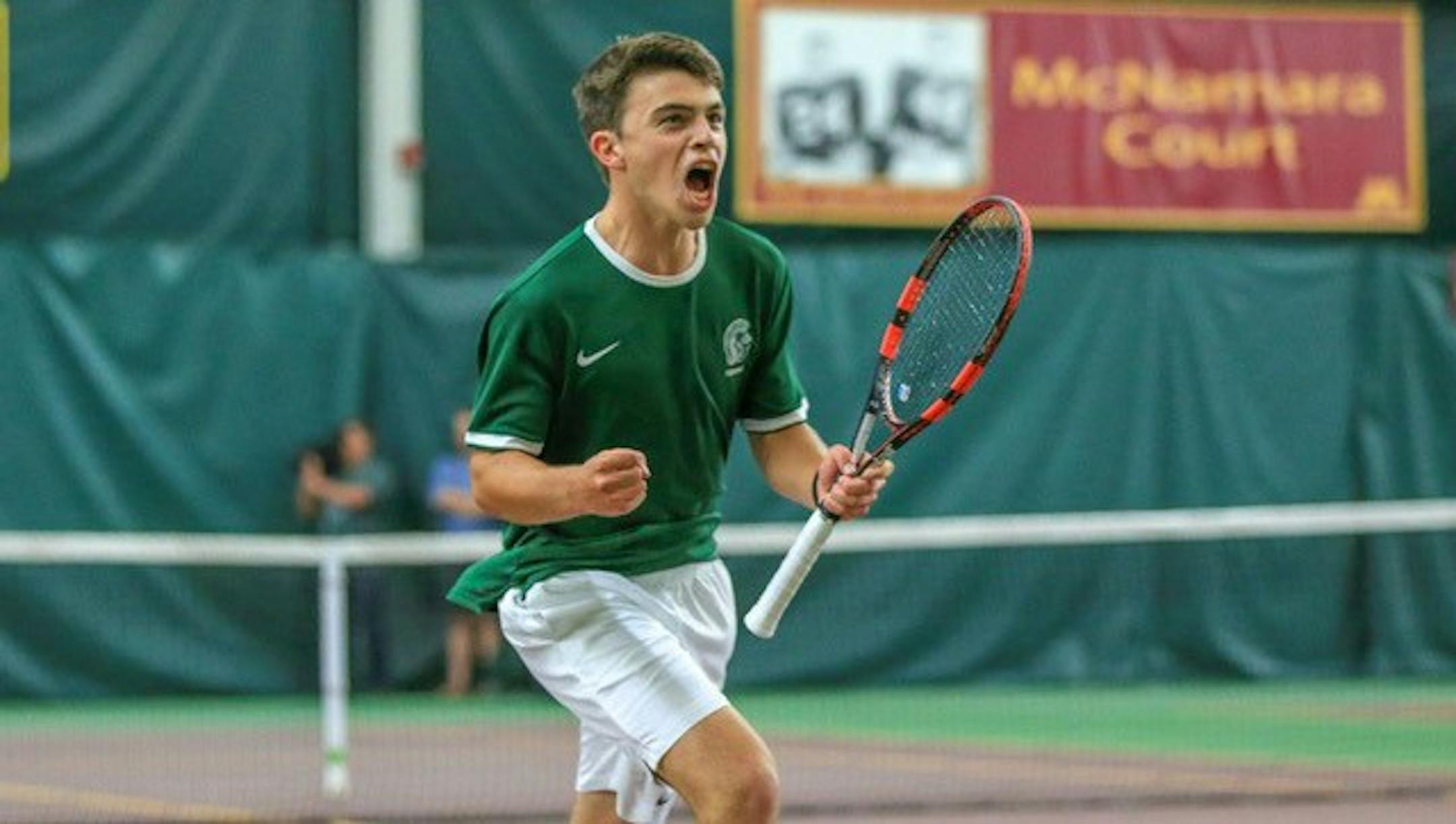 Rochester Mayo senior Sebastian Vile celebrates a point against Eagan's Maxim Zagrebelny in the Class 2A Singles Championship. Vile defeated Zagrebelny 6-2, 6-1. Photo by Jeff Lawler, SportsEngine