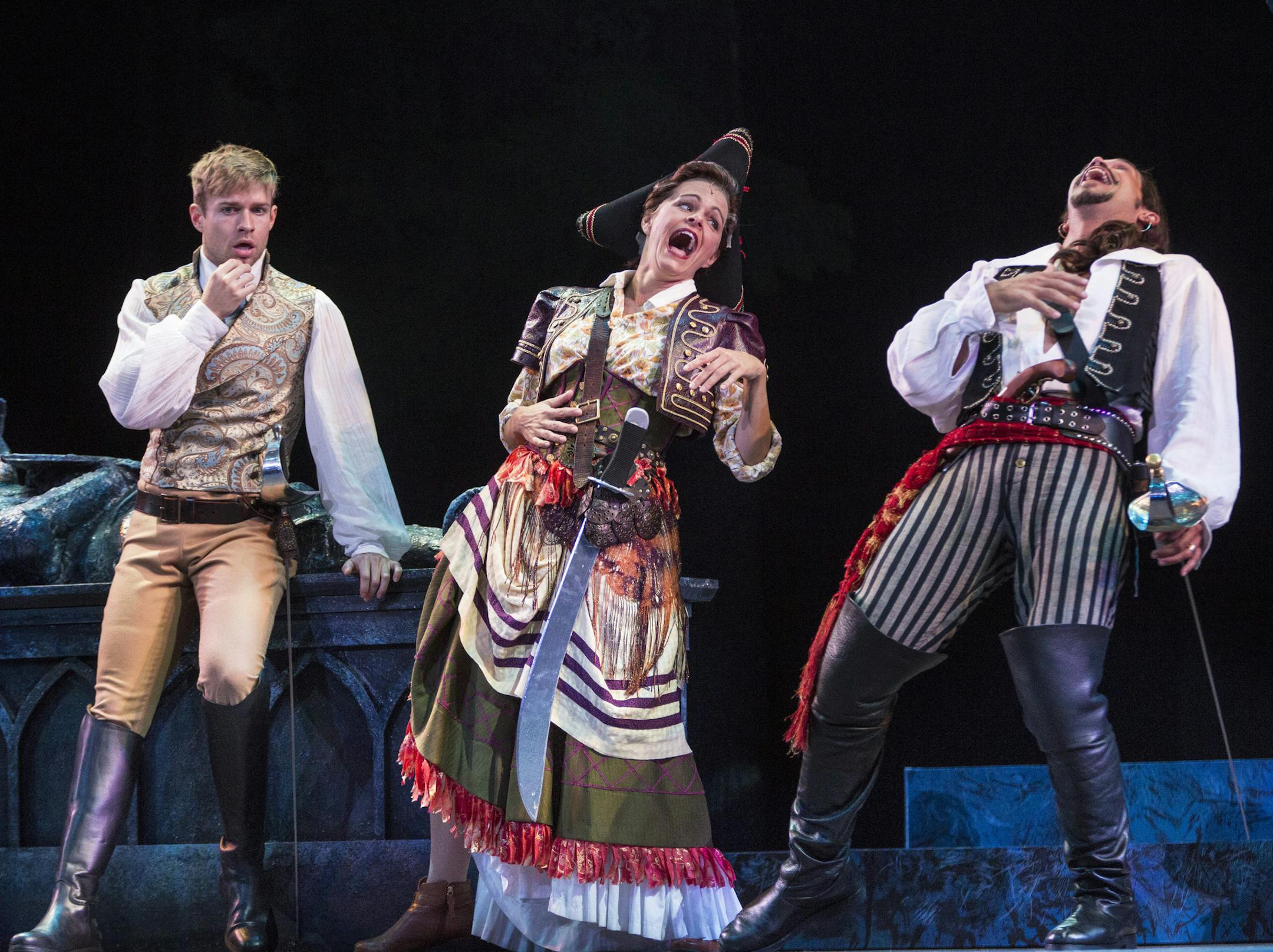 Hunter Ryan Herdlicka, left, as Frederic, Kersten Rodau as Ruth and Brandon O’Neill as the Pirate King in “The Pirates of Penzance” at Ordway Center.
