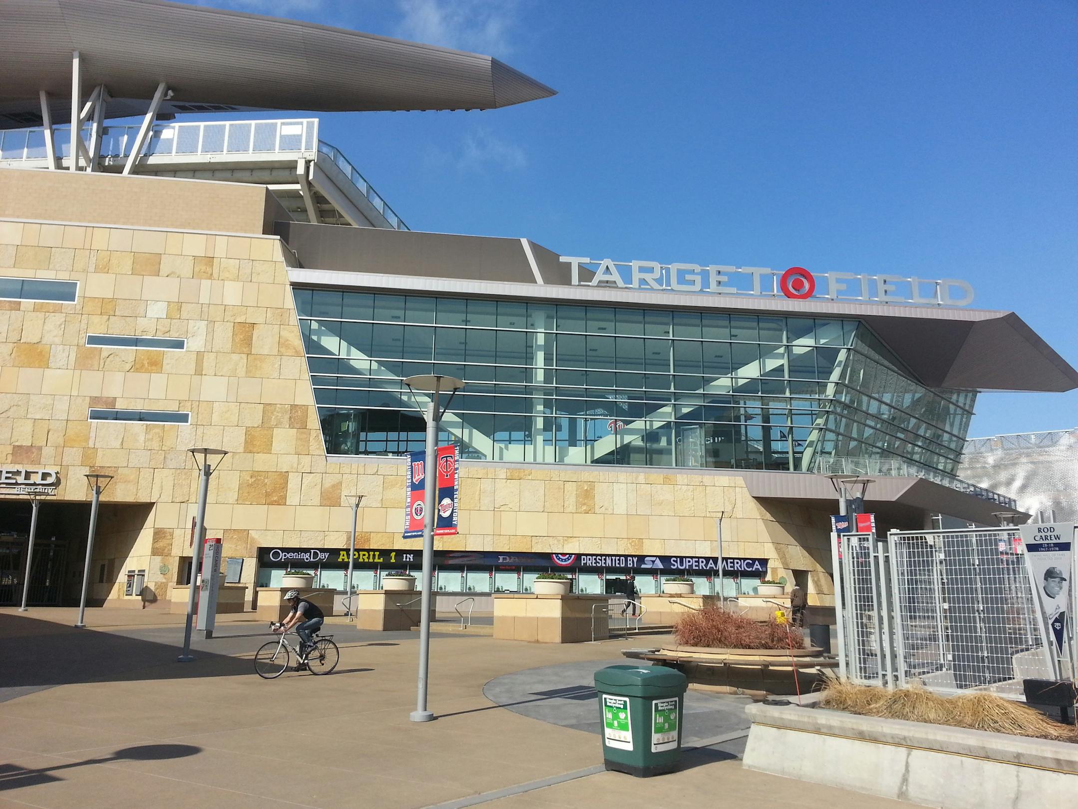 A bicyclist sped past Target Field on Saturday, March 30, 2013. Temperatures reached the 50s in Minneapolis two days before near-freezing temperatures are expected for the Twins season opener against the Detroit Tigers.