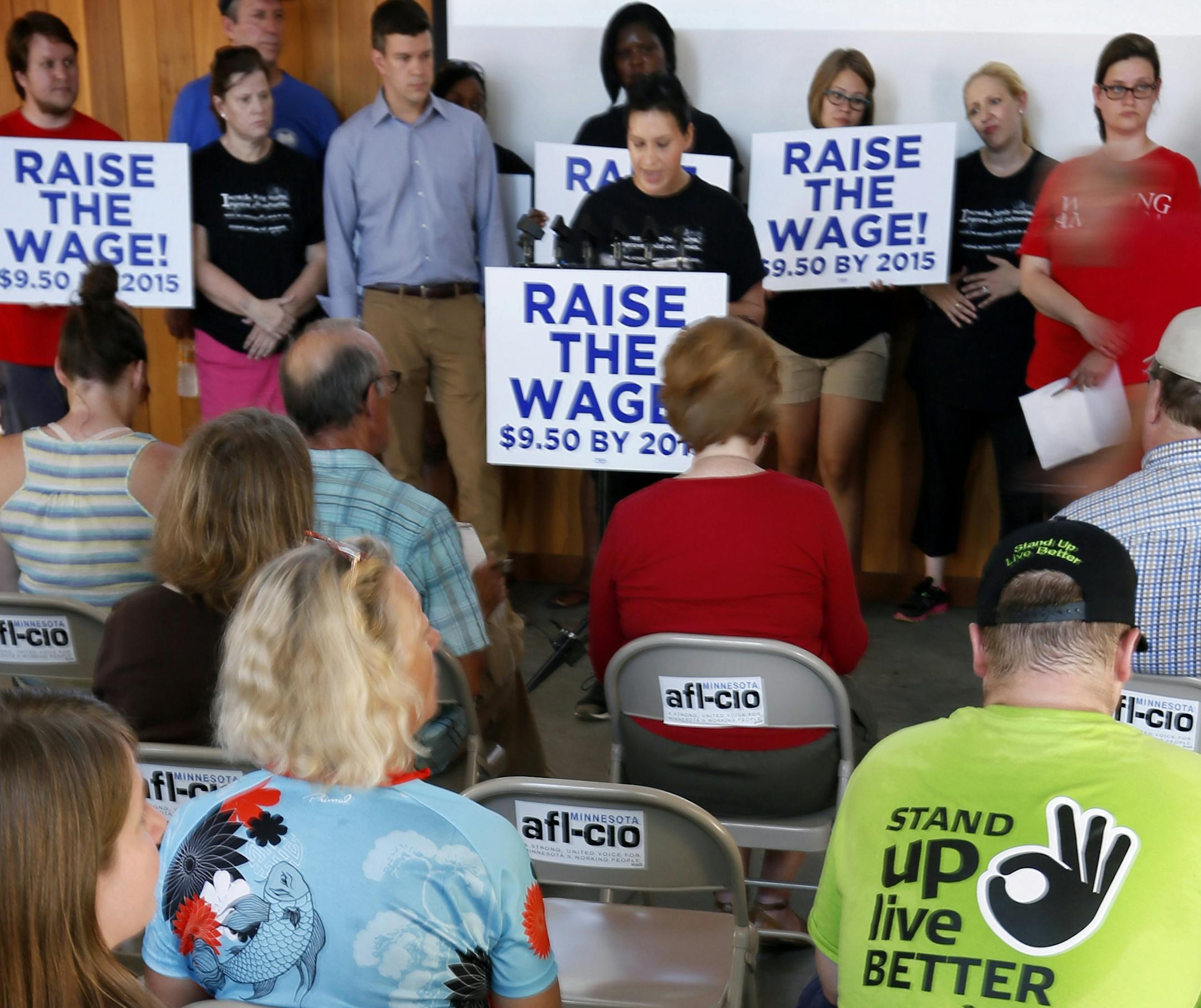 Leaders and members of a broad coalition of community, faith, labor, non-profit and service based organizations, joined with low wage workers at the Minnesota State Fair to kick off a campaign to raise the state's minimum wage to $9.50 per hour. ] BRIAN PETERSON &#x201a;&#xc4;&#xf6;&#x221a;&#xd1;&#xac;&#xa2; brianp@startribune.com Falcon Heights, MN - 08/27//2013 ORG XMIT: MIN1308271150397447