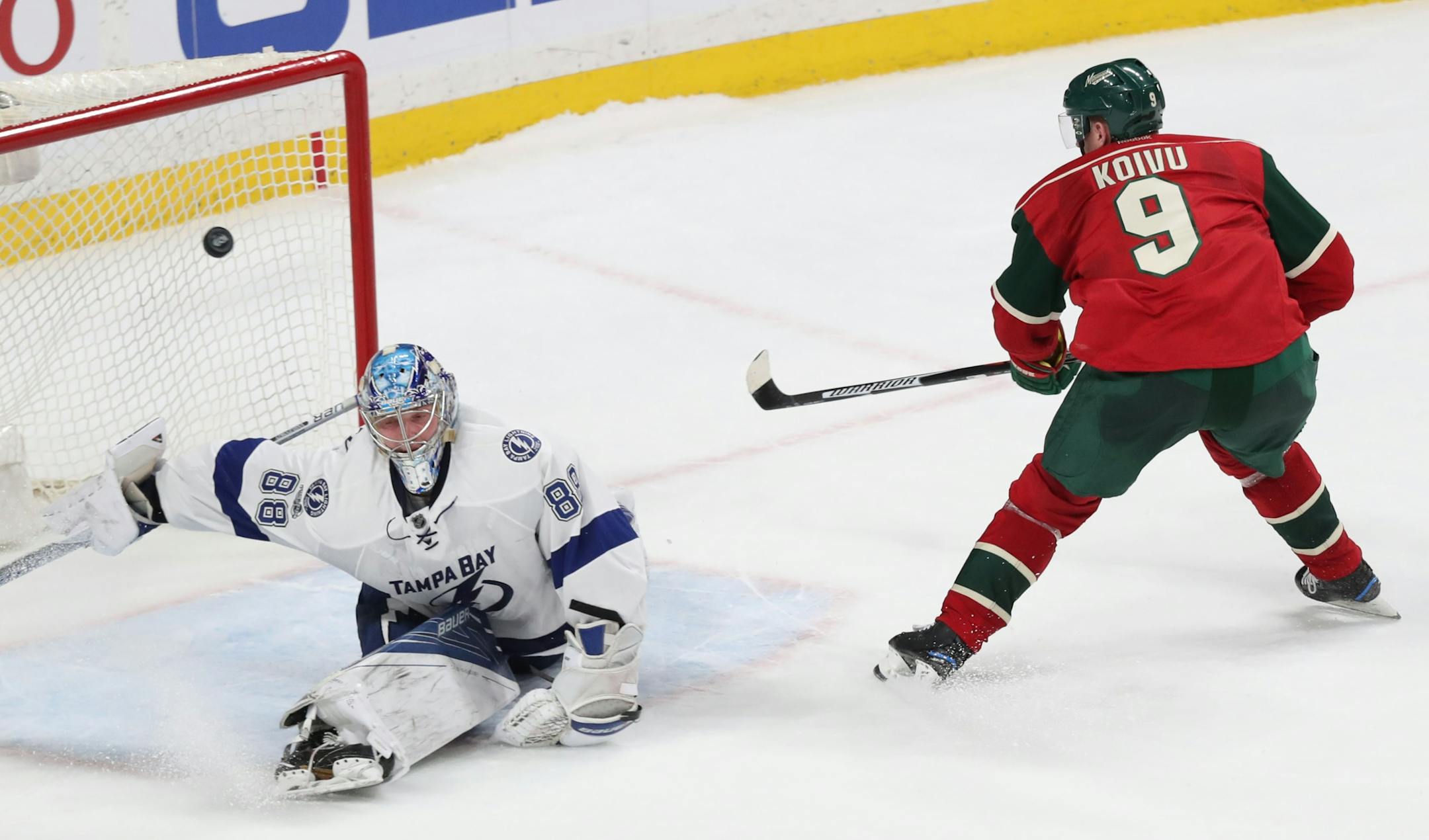 The Minnesota Wild's Mikko Koivu (9) scored on Tampa Bay goalie Nikita Kucherov (86) during a shootout to break a 1-1 tie giving the Wild the win Friday, Feb. 10, 2017, at the Xcel Energy Center in St. Paul, MN.
