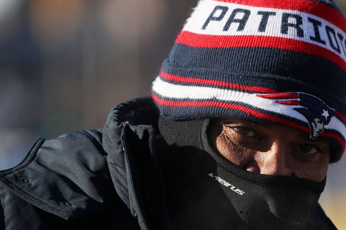 Patriots fan Jay Patel from Bombay India was bundled up as he made his way to Super Bowl 52.
