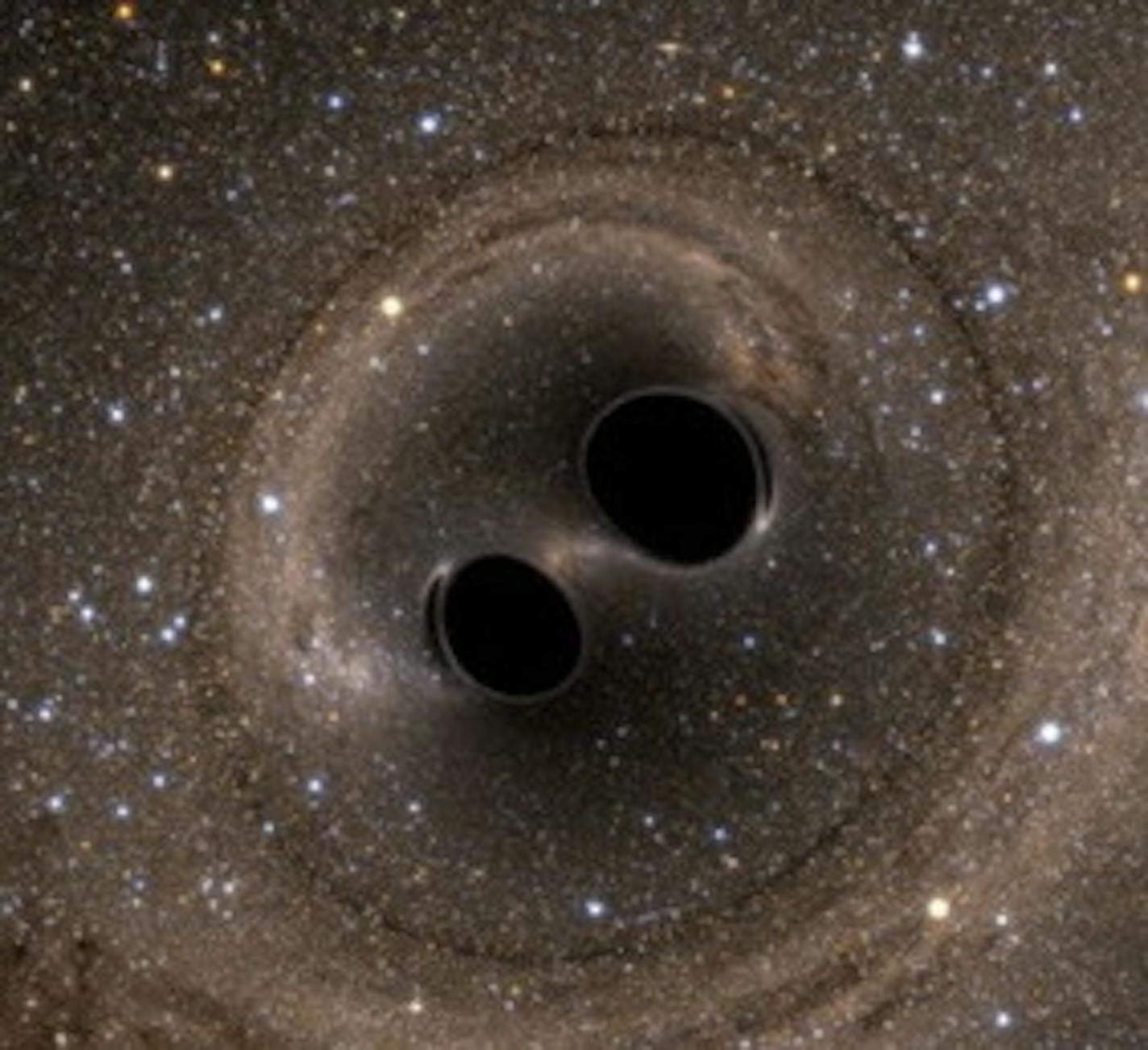 The collision of two black holes holes -- a tremendously powerful event detected for the first time ever by the Laser Interferometer Gravitational-Wave Observatory, or LIGO -- is seen in this still from a computer simulation created by the multi-university SXS (Simulating eXtreme Spacetimes) project. (SXS) ORG XMIT: 1180579