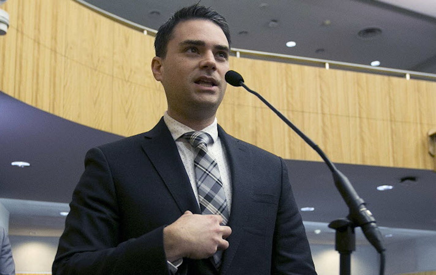 FILE - In this Oct. 3, 2017 photo, conservative writer Ben Shapiro speaks during the first of several legislative hearings planned to discuss balancing free speech and public safety in Sacramento, Calif.