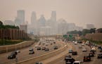 A smoky haze enveloped Minneapolis seen from the south across I-35W Wednesday, June 14, 2023 Minneapolis, Minn. Smoke from Canadian wildfires blowing 