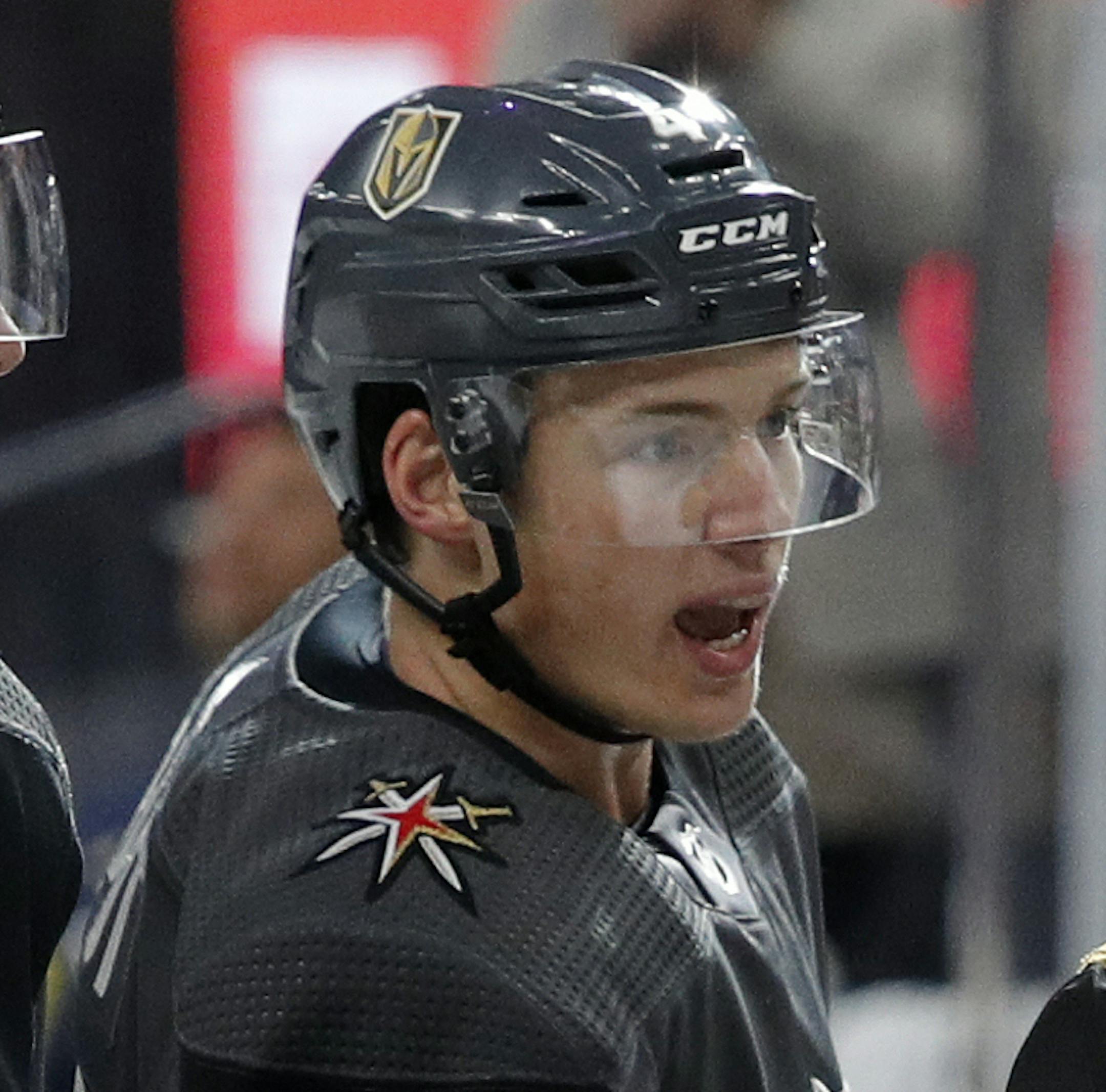 Vegas Golden Knights celebrate after Vegas Golden Knights defenseman Jimmy Schuldt, center, scored against the San Jose Sharks during the second period of an NHL preseason hockey game Sunday, Sept. 29, 2019, in Las Vegas. (AP Photo/John Locher) ORG XMIT: MER970c96172493bbbfb24df470eb0e7