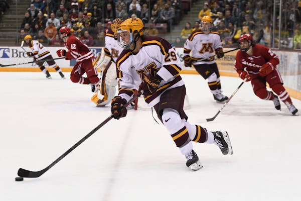 Gophers defenseman Tyler Nanne kept the puck away from Wisconsin during a game last month.