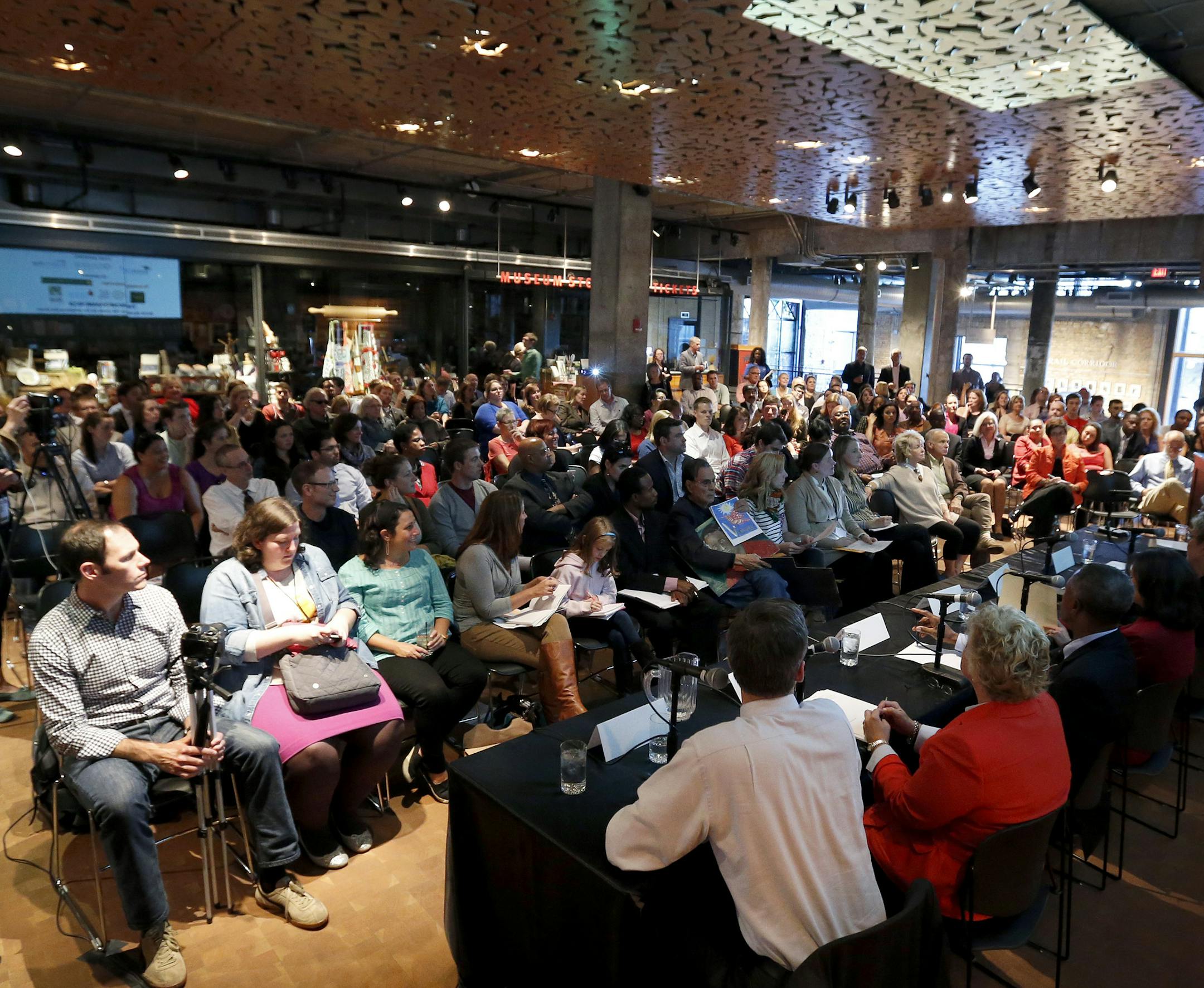 The audience listened to Minneapolis mayoral candidates during a debate at the Mill City Museum on Monday evening. ] CARLOS GONZALEZ cgonzalez@startribune.com September 16, 2013, Minneapolis, Minn. , Mill City Museum, On the heels of a poll that found education is the top issue of Minneapolis residents, the leading candidates for mayor will discuss their education platforms Monday night