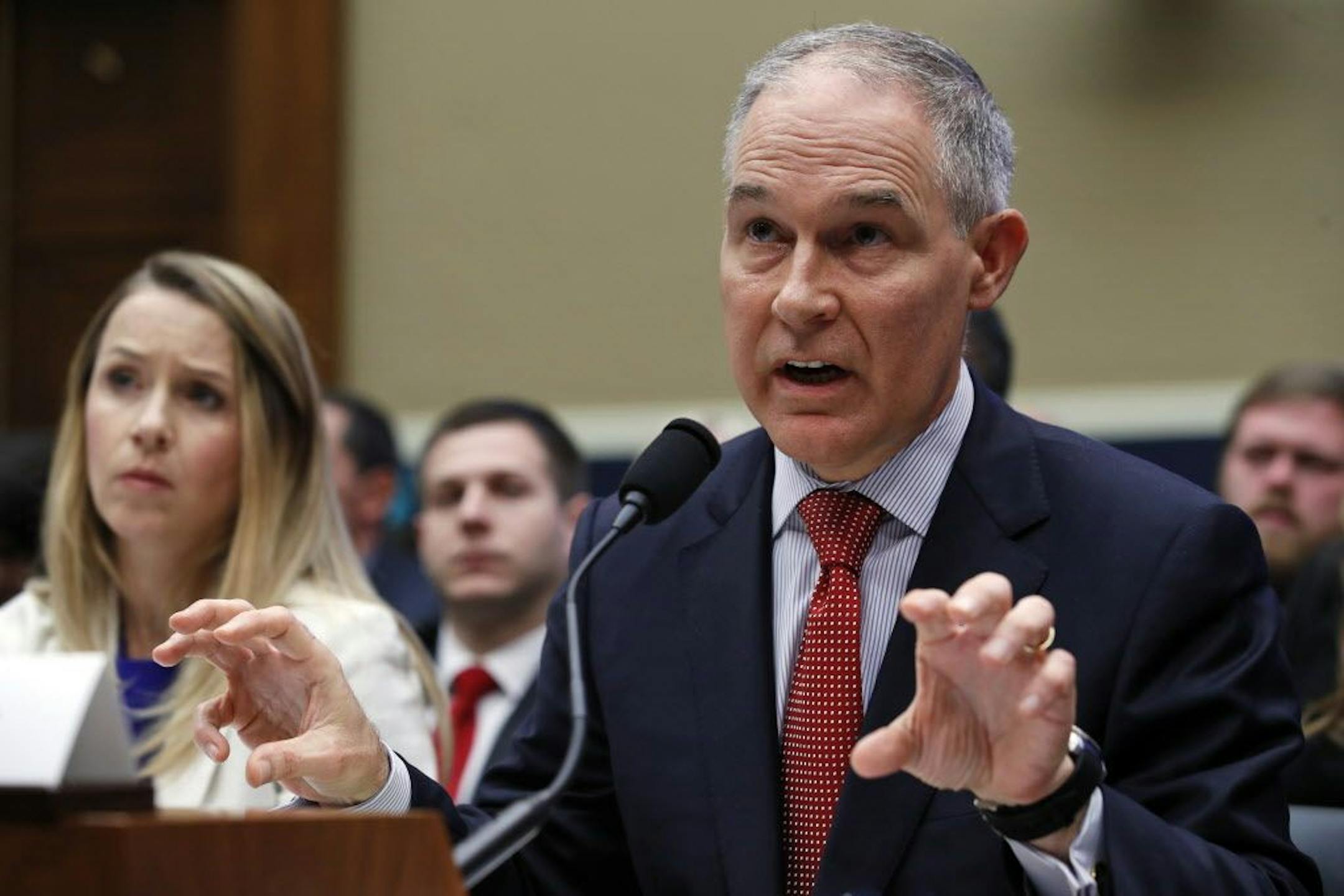 Environmental Protection Agency Administrator Scott Pruitt, accompanied by Holly Greaves, EPA chief financial officer, testifies on the EPA FY2019 budget request during a hearing of the House Energy and Commerce subcommittee on Capitol Hill, Thursday, April 26, 2018 in Washington.