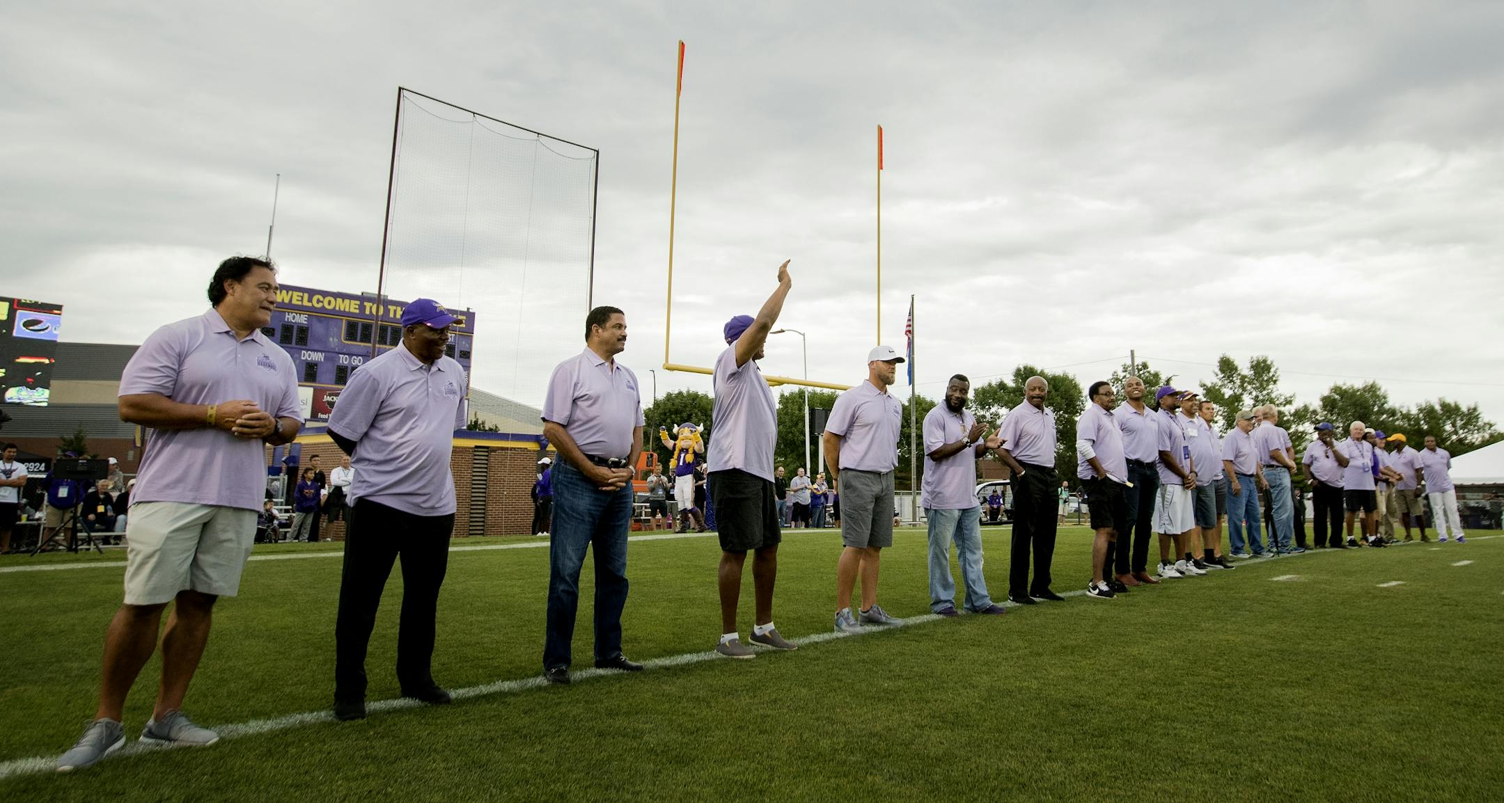 Former Minnesota Vikings were recognized before the scrimmage at Blakeslee Stadium in Mankato.