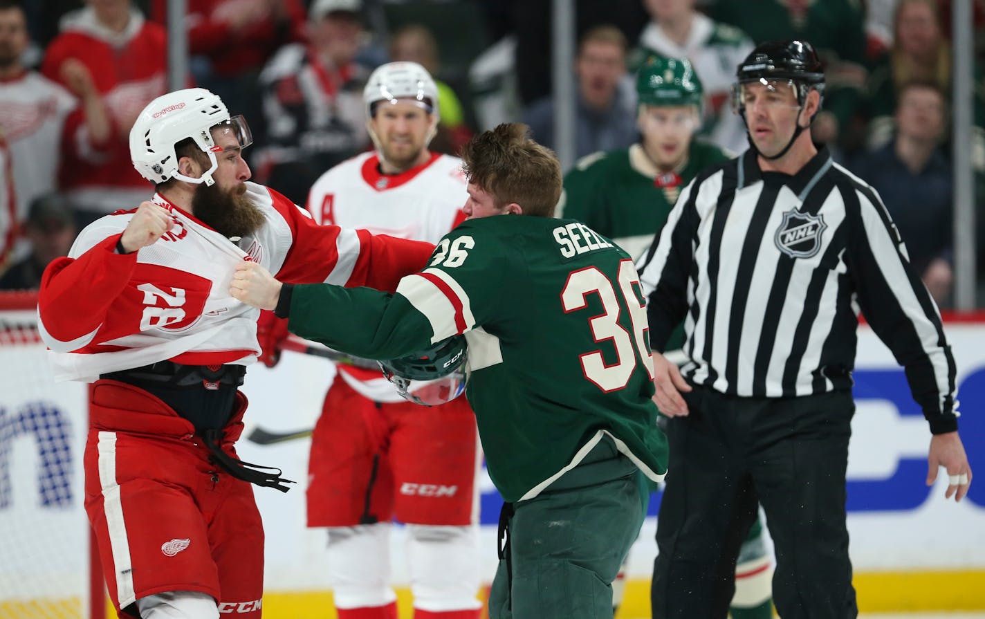 Wild defenseman Nick Seeler tangled with Red Wings forward Luke Witkowski on Sunday.