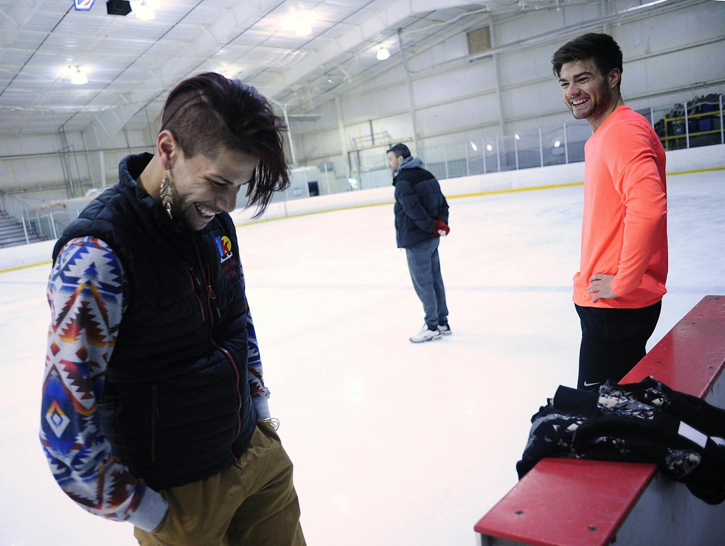 Monument, CO. January 17: 7K International Skating Academy artistic director Rohene Ward, left, works with Romain Ponsart, far right, during a 7K International Skating Academy practice session in Monument, Colorado, January 17, 2016. Ward will be performing during the opening ceremonies at the 2016 US Figure Skating Championships this week, as well as accompanying a number of his students to compete in the event. (Brenden Neville. Special to the Star Tribune)