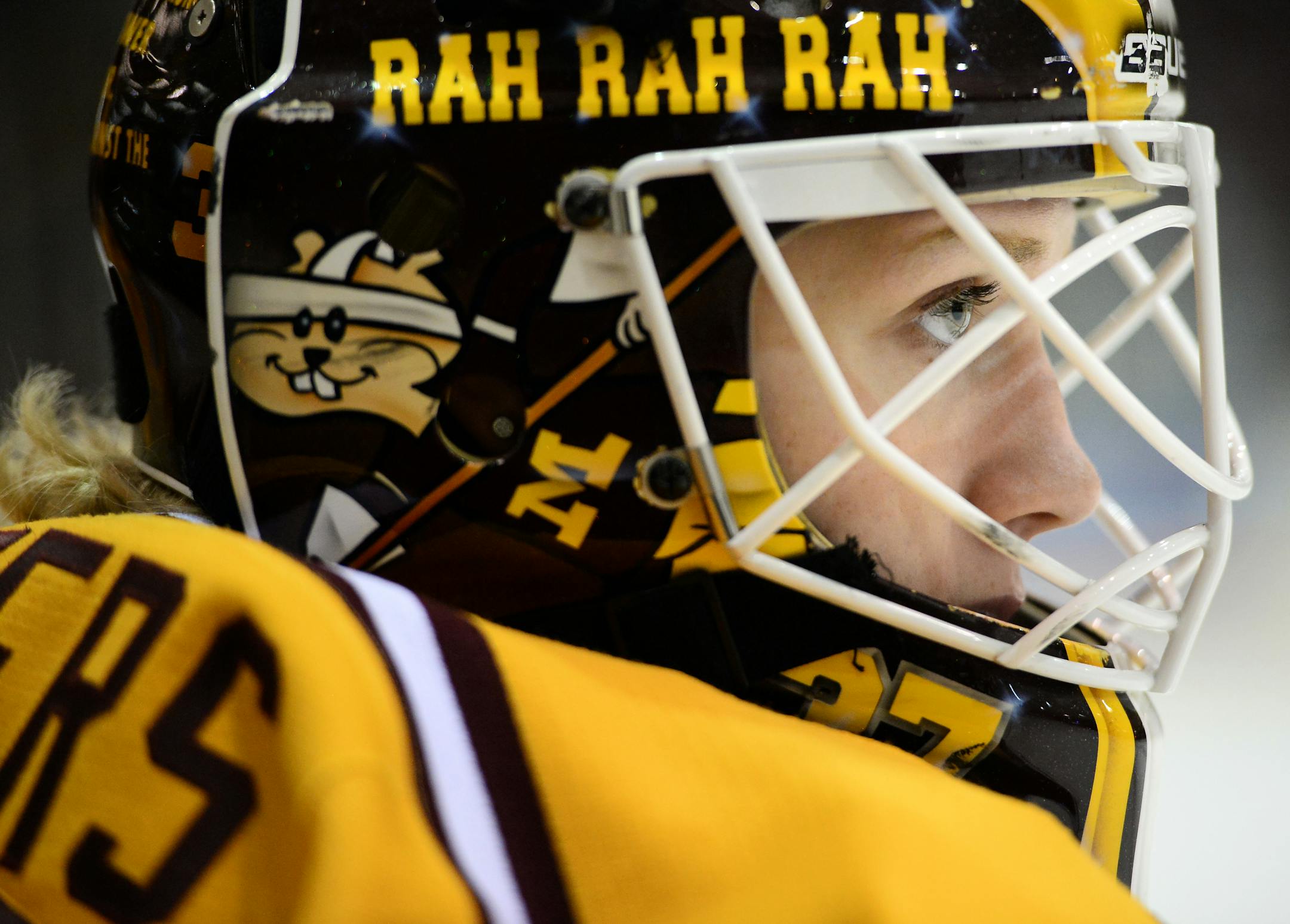 University of Minnesota goalie Sidney Peters (37) watched Friday night's game against St. Cloud State University from the bench in the third period. ] Aaron Lavinsky � aaron.lavinsky@startribune.com The University of Minnesota Golden Gophers women's hockey team played the St. Cloud State University Huskies on Friday, Oct. 9, 2015 at Ridder Arena.