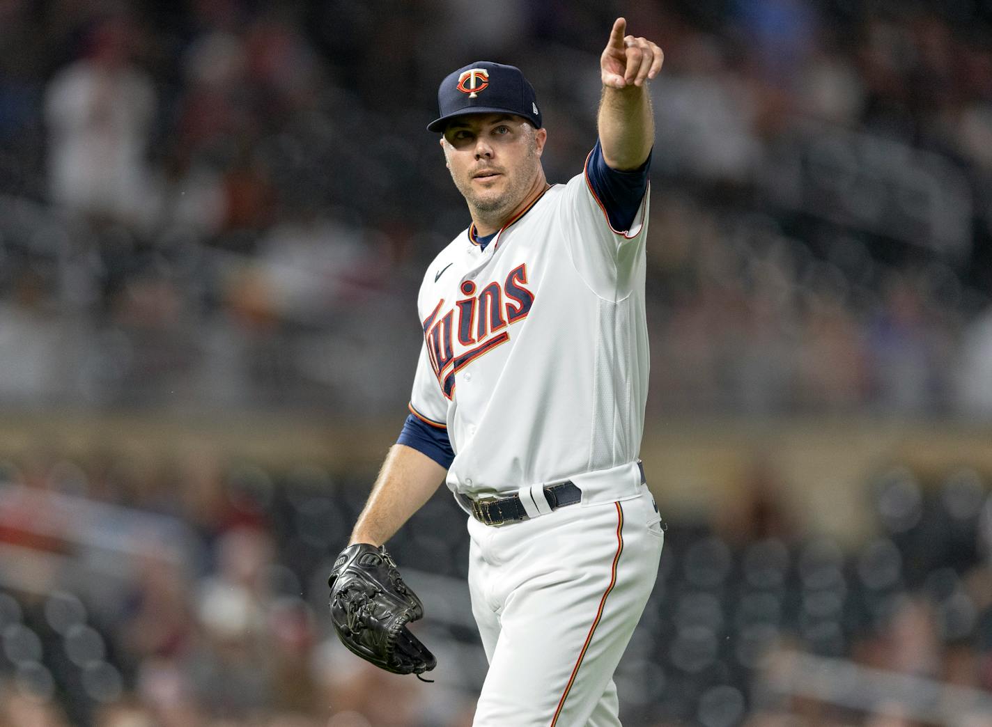 Minnesota Twins pitcher Caleb Thielbar (56) reacts after the final out of the top of the seventh inning Tuesday, August 16, 2022, at Target Field in Minneapolis, Minn. ] CARLOS GONZALEZ • carlos.gonzalez@startribune.com