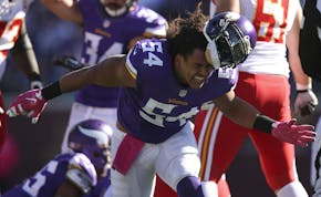 Vikings inside linebacker Eric Kendricks (54) celebrated so hard that his helmet came off after the Vikings held the Chiefs on a fourth down and one y