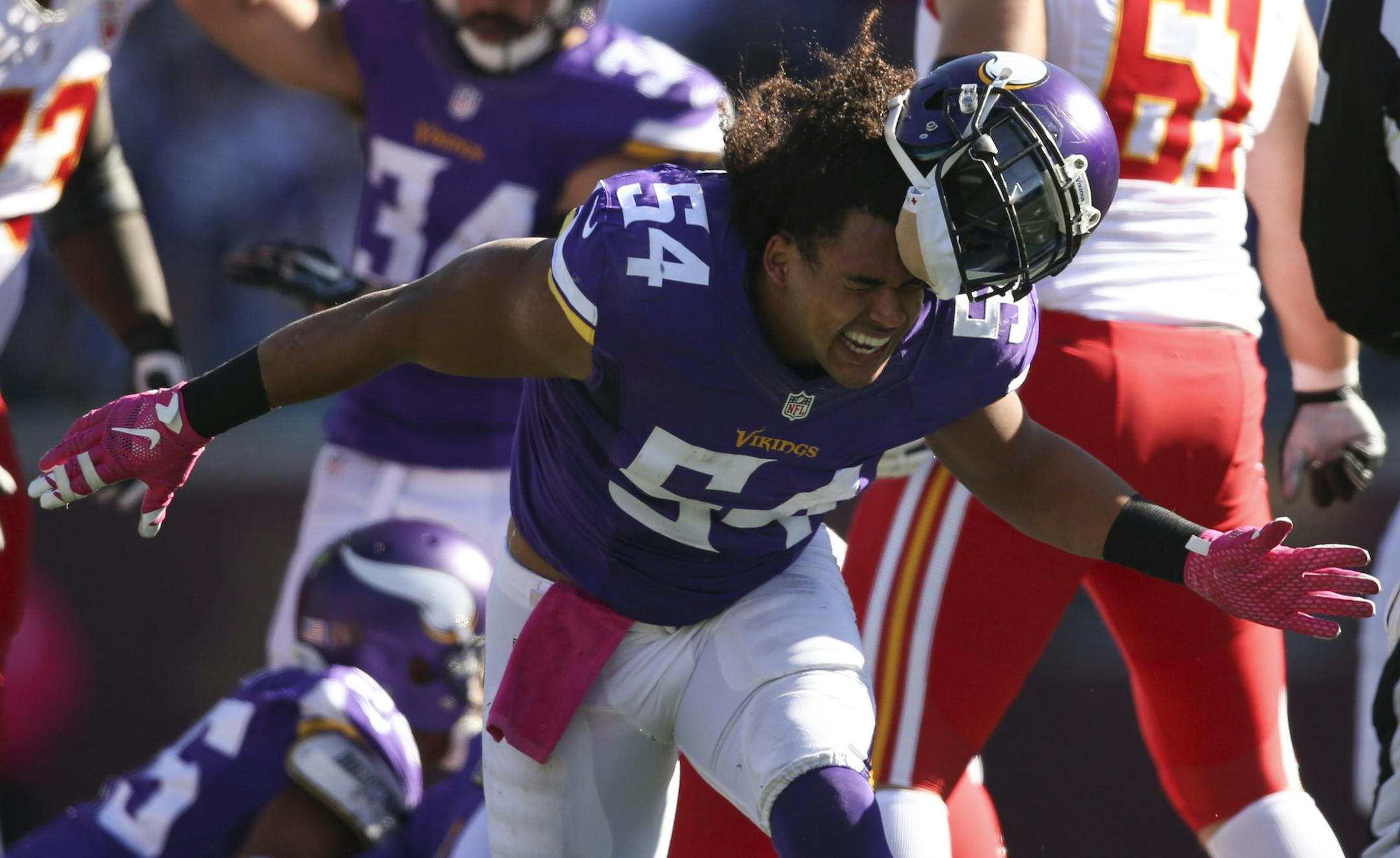 Vikings inside linebacker Eric Kendricks (54) celebrated so hard that his helmet came off after the Vikings held the Chiefs on a fourth down and one yard situation in the second quarter Sunday afternoon. ] JEFF WHEELER ï jeff.wheeler@startribune.com The Minnesota Vikings faced the Kansas City Chiefs in an NFL football game Sunday afternoon, October 18, 2015 at TCF Bank Stadium in Minneapolis.