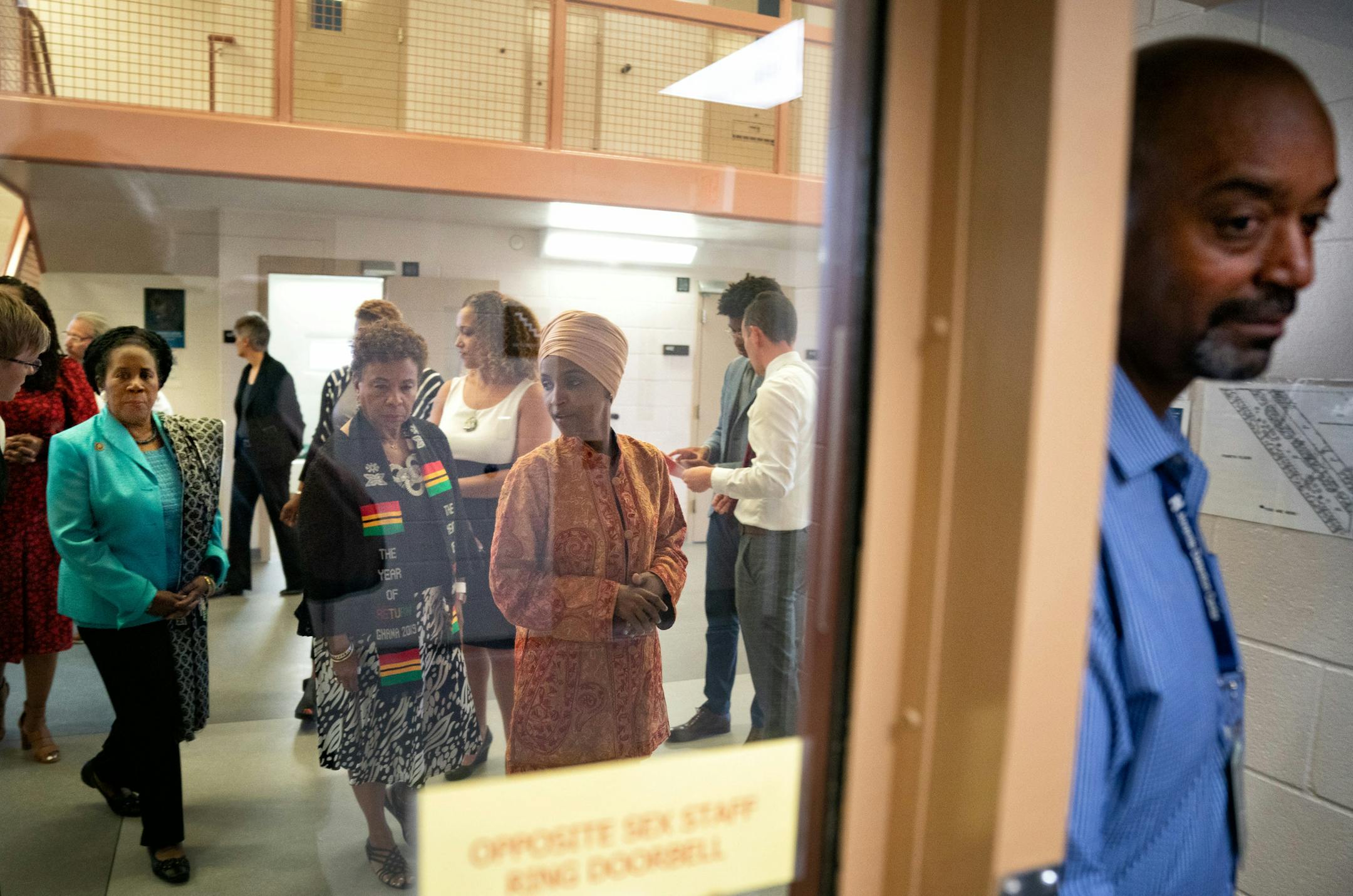 Jeff Townsend, right, Corrections Institutional Supervisor for Hennepin County, led a tour with Reps. Ilhan Omar, Sheila Jackson Lee, Barbara Lee and Ayanna Pressley along with other officials. ] GLEN STUBBE • glen.stubbe@startribune.com Friday, August 30, 2019 Rep. Ilhan Omar hosted members of the Congressional Black Caucus—including Reps. Sheila Jackson Lee, Barbara Lee, Ayanna Pressley —for a visit to Minneapolis as part of their “State of Black America” ser