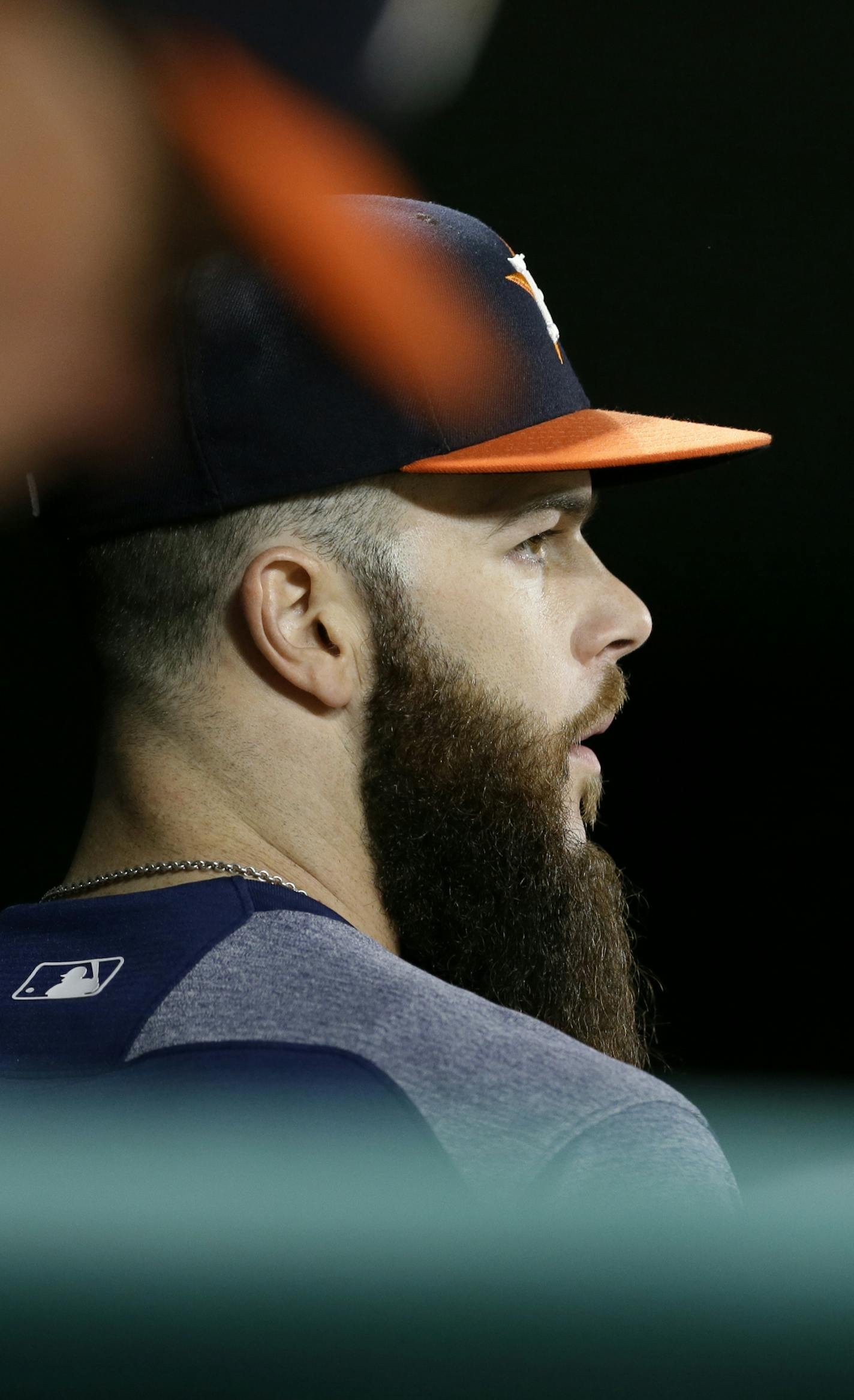 Houston Astros' Dallas Keuchel walks through the dugout during a baseball game against the Texas Rangers on Saturday, June 3, 2017, in Arlington, Texas. (AP Photo/Tony Gutierrez)