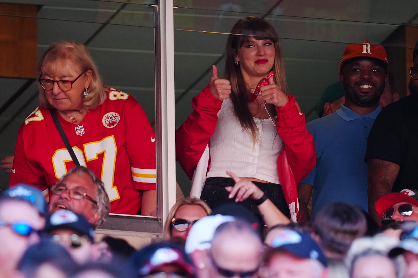 Donna Kelce, left, and Taylor Swift are seen during the first half of a game between the Chicago Bears and the Kansas City Chiefs at GEHA Field at Arrowhead Stadium on Sept. 24, 2023, in Kansas City, Missouri. (Jason Hanna/Getty Images/TNS)