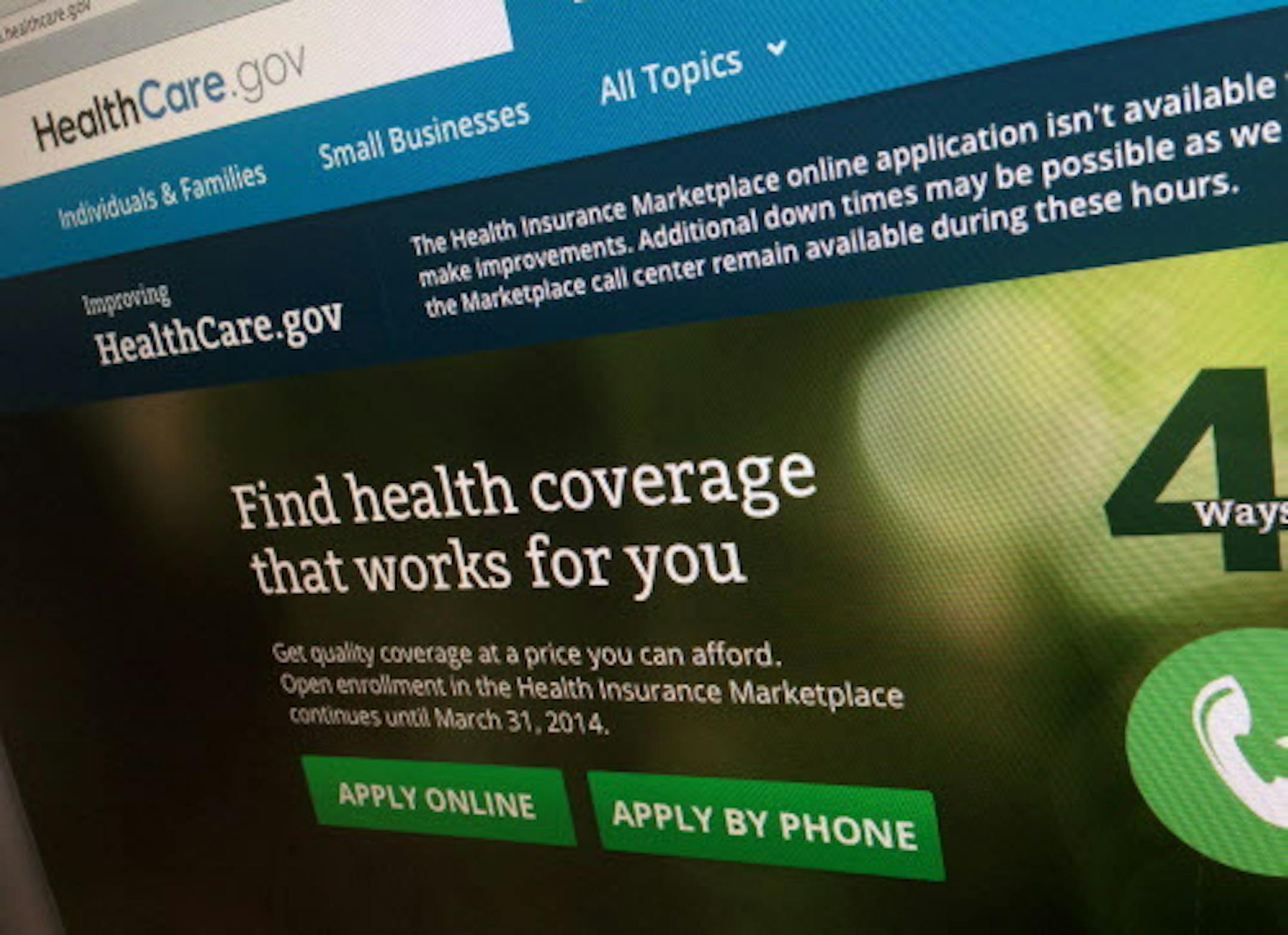 FILE - This photo of part of the HealthCare.gov website is photographed in Washington, in this Nov. 29, 2013 file photo. Newly released federal figures, as of Nov. 30, 2013, show more people are picking private insurance plans or being routed to Medicaid programs in states with Democratic leaders who have fully embraced the federal health care law than in states where Republican elected officials have derisively rejected what they call "Obamacare." (AP Photo/Jon Elswick, File)
