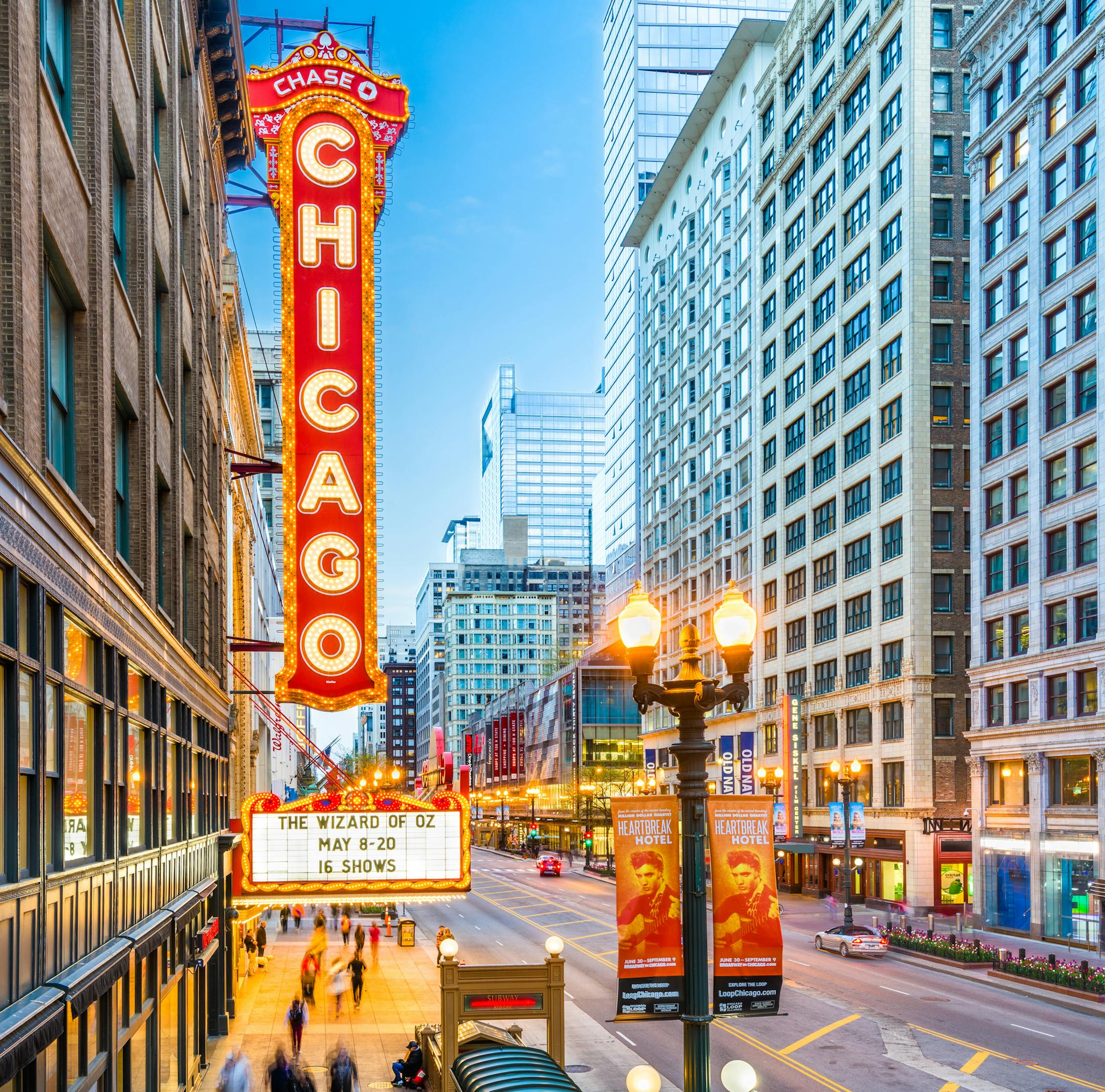 CHICAGO, ILLINOIS - MAY 10, 2018: The landmark Chicago Theatre on state Street at twilight. The historic theater dates from 1921.