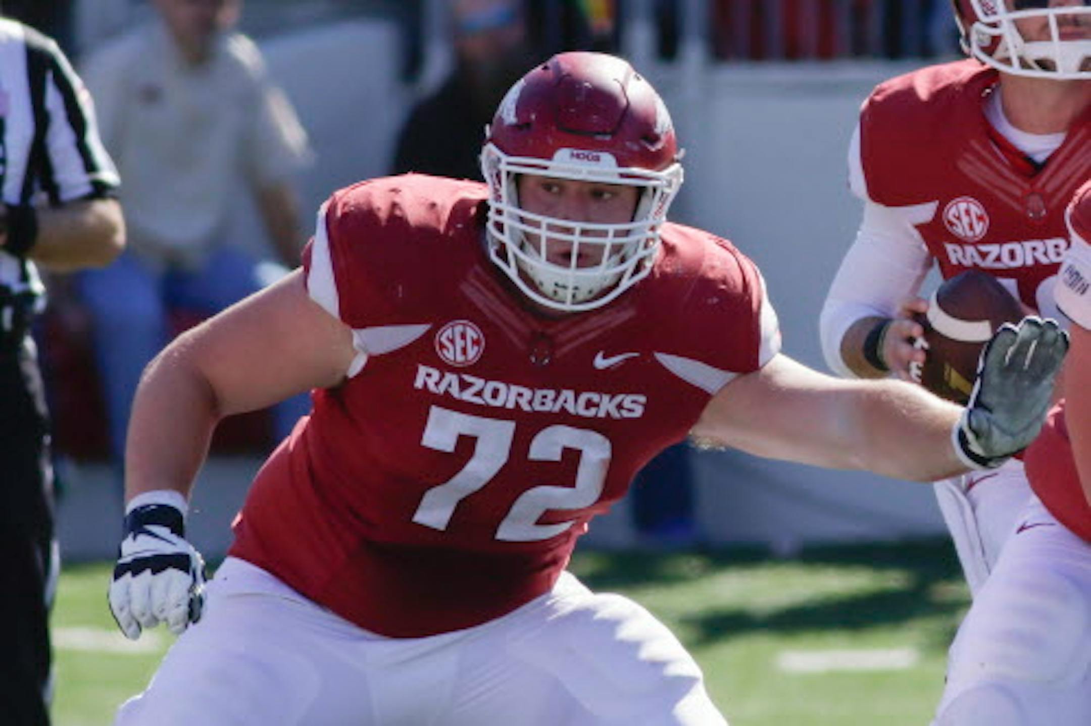 Arkansas offensive lineman Frank Ragnow defends against Toledo in the first half of an NCAA college football game in Little Rock, Ark., Saturday, Sept. 12, 2015. (AP Photo/Danny Johnston) ORG XMIT: OTKDJ127