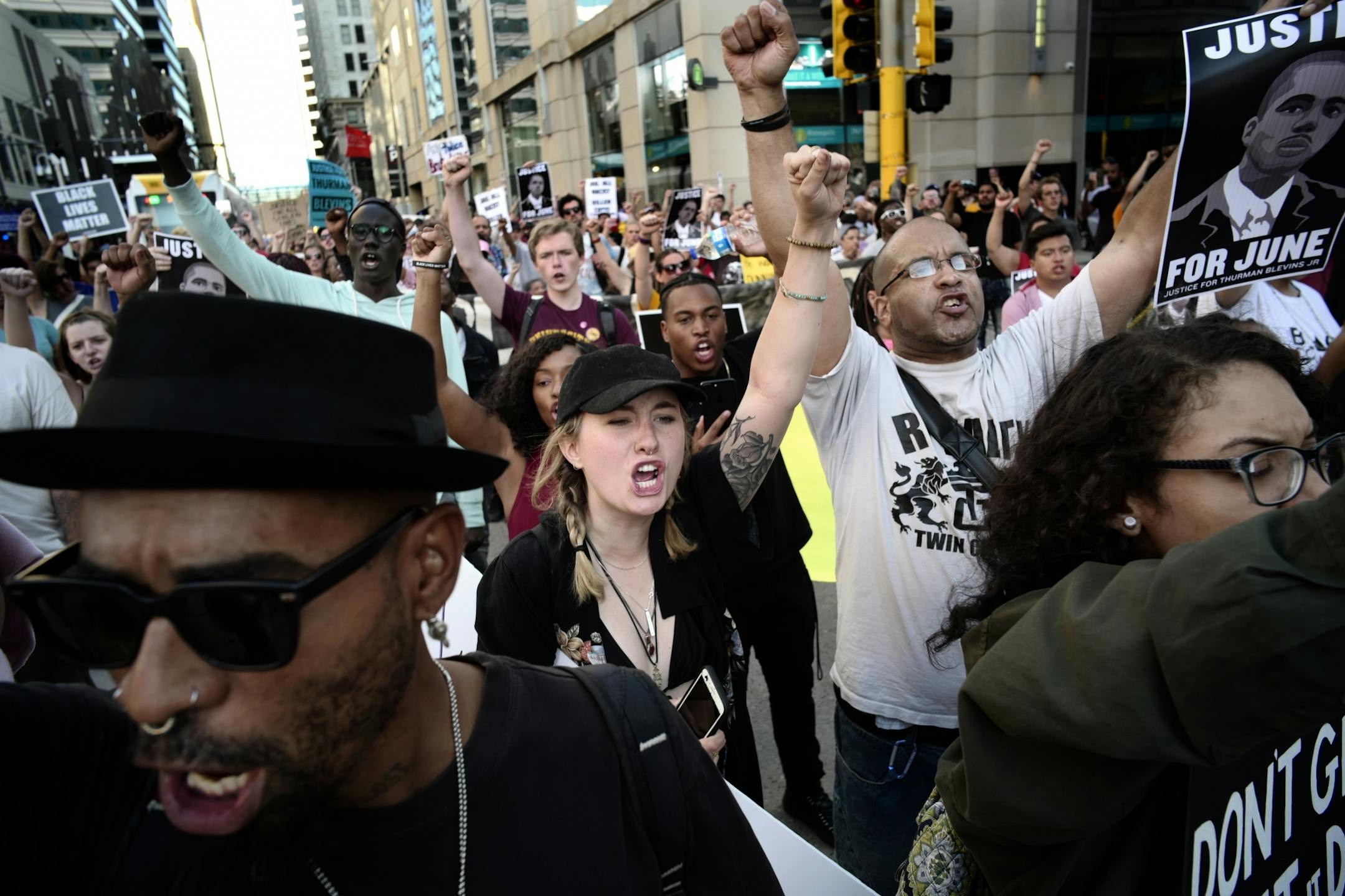 About 300 protesters took to the streets of downtown Minneapolis to protest the killing of Thurman Blevins by two Minneapolis cops.