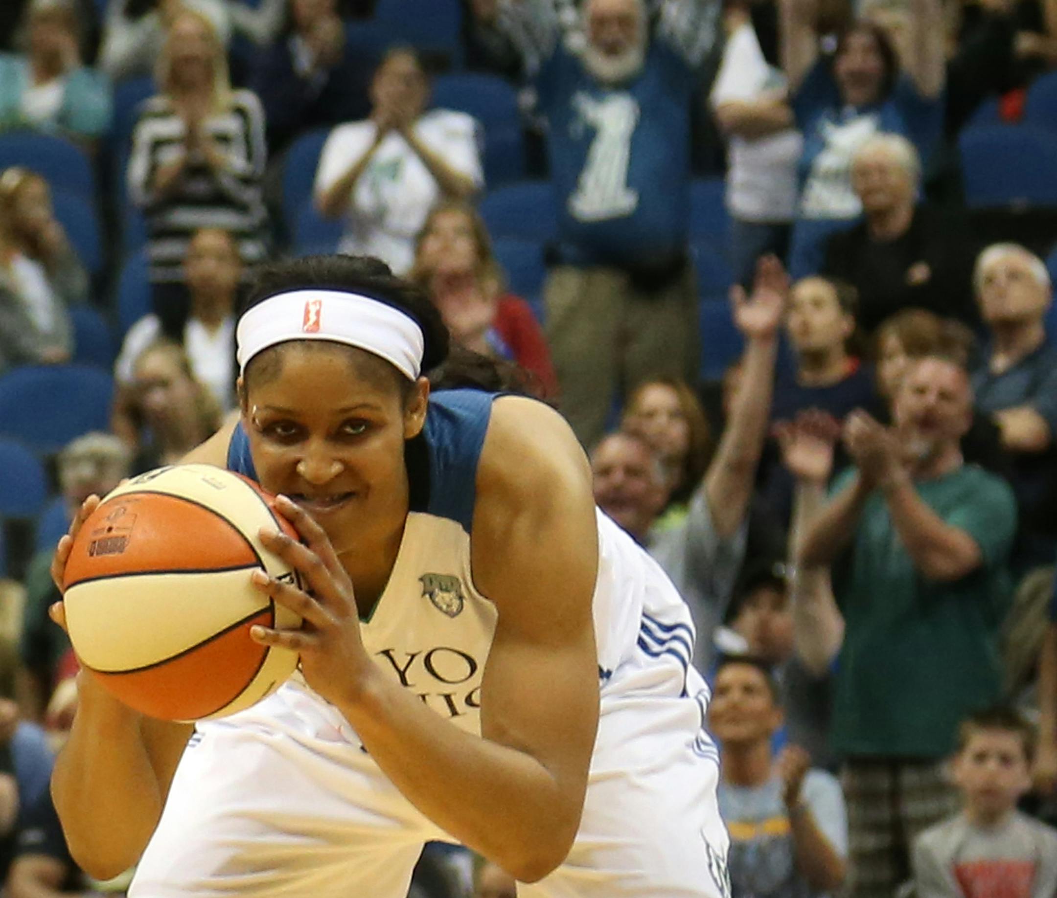 Lynx Maya Moore celebrated after winning their game against the Liberty. ] (KYNDELL HARKNESS/STAR TRIBUNE) kyndell.harkness@startribune.com Lynx won over New York Liberty87-82 at the Target Center in Minneapolis Min. Saturday, May 24, 2014.