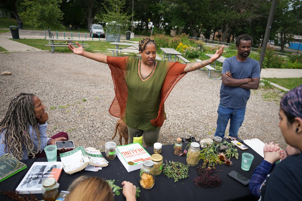 Chef Lachelle Cunningham led a group on a workshop on foraging and utilizing wild plants at Frogtown Farm in St. Paul.