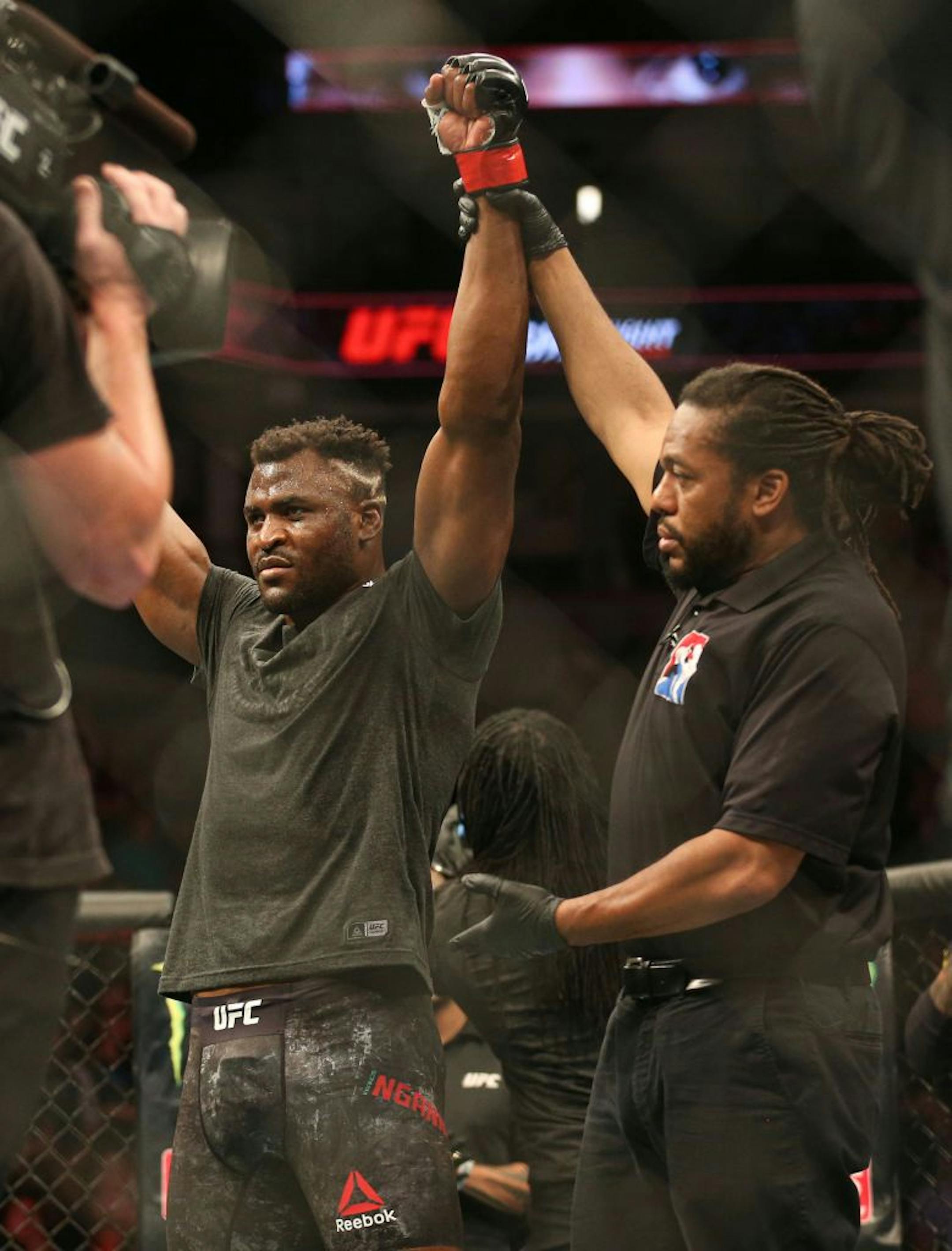 Francis Ngannou is crowned the winner of the heavyweight bout with an early first round TKO. ALEX KORMANN ¥ alex.kormann@startribune.com UFC Fight Night was held at Target Center on Saturday June 29, 2019. Francis Ngannou and Junior Dos Santos headlined the event.
