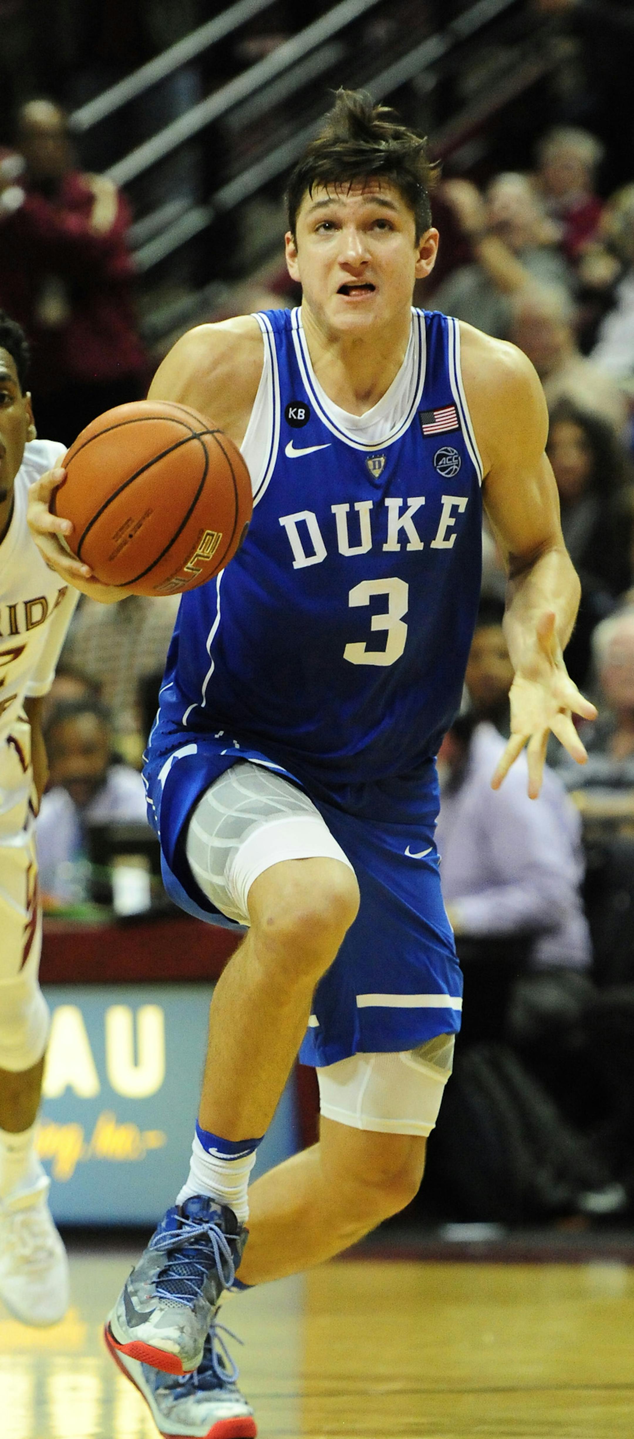 TALLAHASSEE, FL - JANUARY 10: Grayson Allen (3) guard Duke University Blue Devils brings the baskball down the court against Florida State University (FSU) Seminoles in an Atlantic Coast Conference (ACC) game on Tuesday, January 10, 2017, at Donald L. Tucker Civic Center in Tallahassee, Florida. FSU wins 72-88. (Photo by David Allio/Icon Sportswire) (Icon Sportswire via AP Images) ORG XMIT: 271482