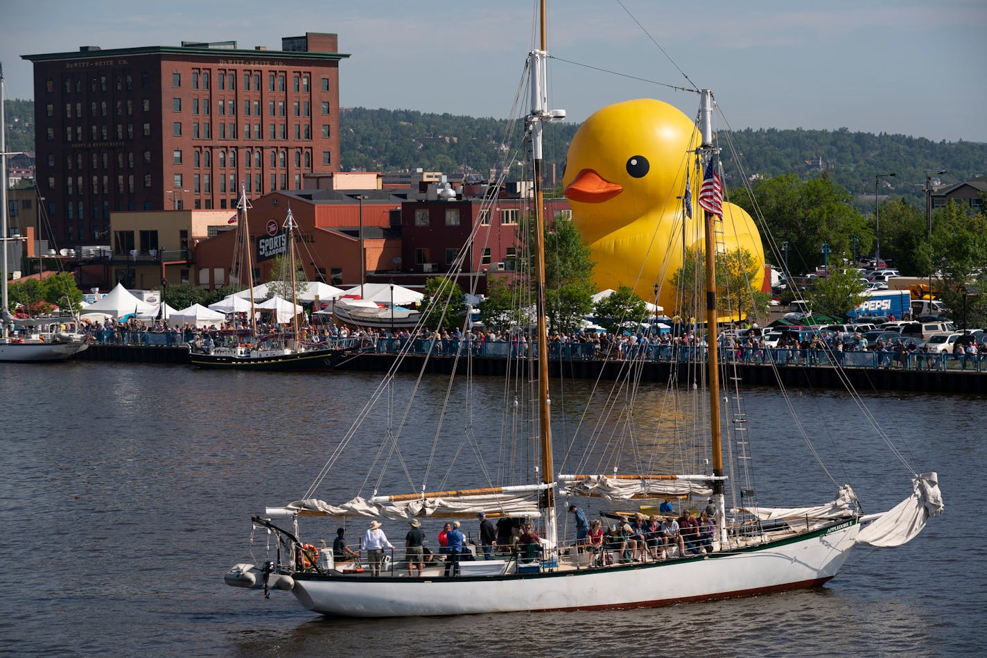 The schooner Appledore V out of Bay City, MI was in Duluth harbor after the Grand Parade of Sail Sunday morning. The World's Largest Rubber Duck was perched on land nearby.      ]  JEFF WHEELER • jeff.wheeler@startribune.com
