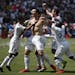 Los Angeles Galaxy's Zlatan Ibrahimovic, of Sweden, celebrates his goal during the second half of an MLS soccer match against the Los Angeles FC Satur