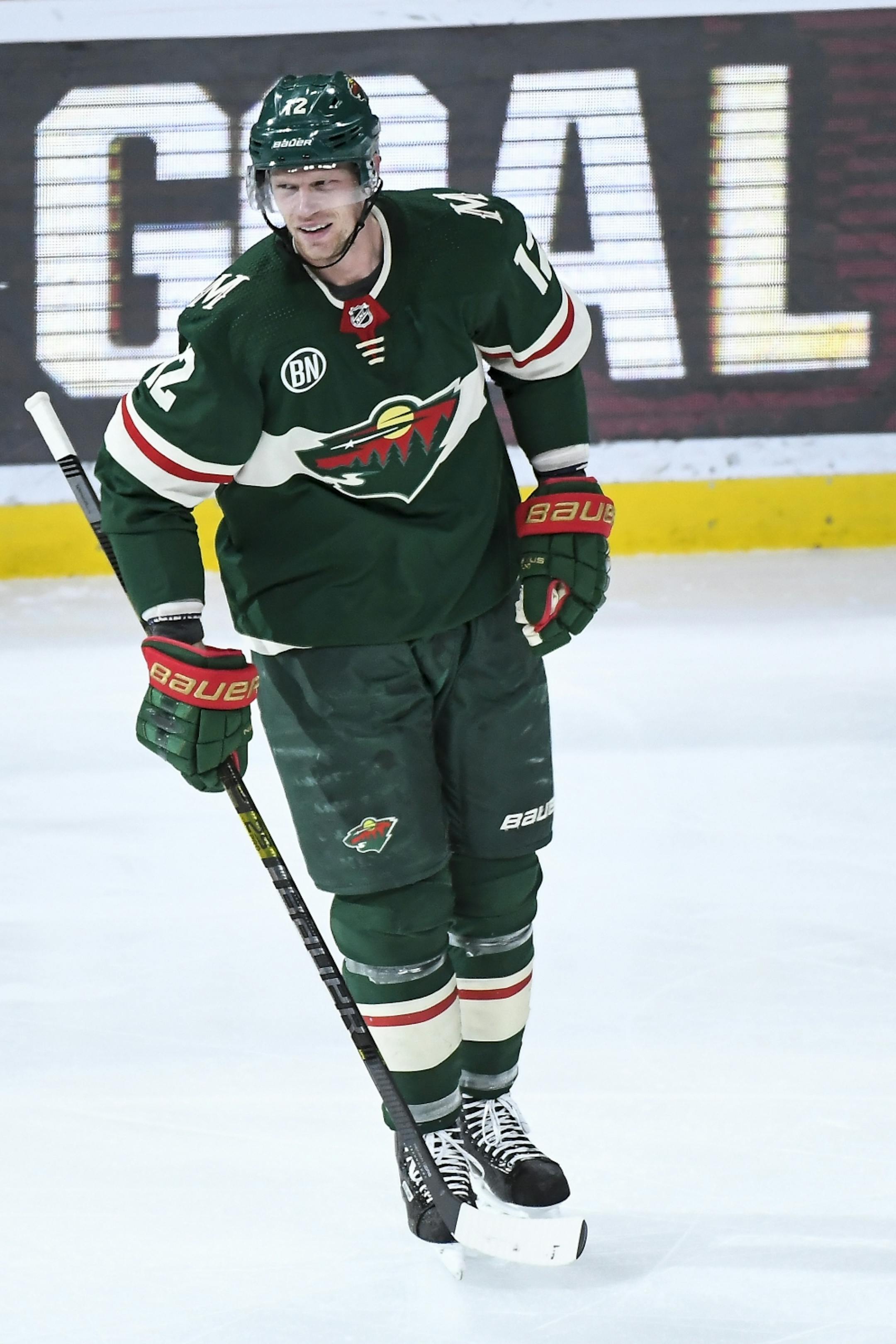 Minnesota Wild center Eric Staal (12) looked on after scoring a goal against the Los Angeles Kings in the third period.
