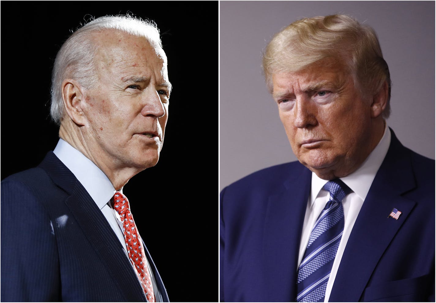 FILE - In this combination of file photos, former Vice President Joe Biden, left, speaks in Wilmington, Del., on March 12, 2020, and President Donald Trump speaks at the White House in Washington on April 5, 2020. Some of the country's major sports betting companies are running contests in which participants predict things that will happen or be said during the presidential debate, Tuesday, Sept. 29, 2020, for the chance to win money. (AP Photo/File)