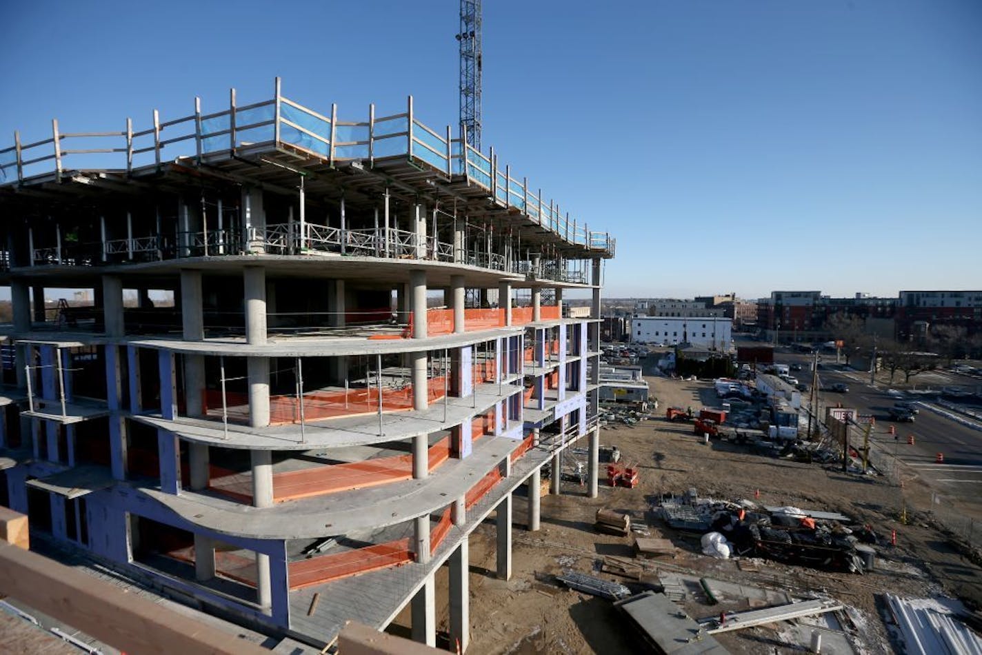 Construction continues on Nordhaus, a 280-unit apartment building in northeast Minneapolis, shown in December.