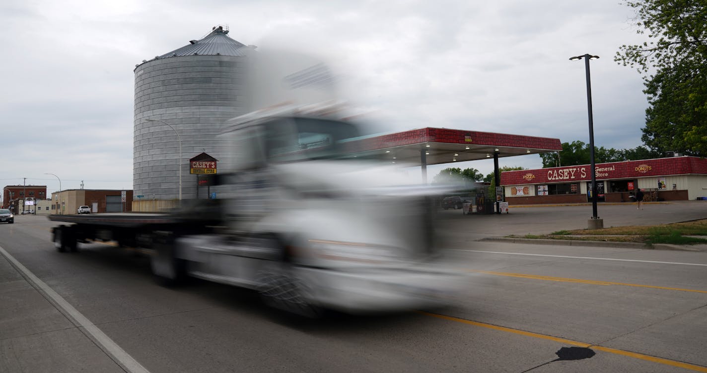 Semitrailer truck drives through Olivia, Minn.