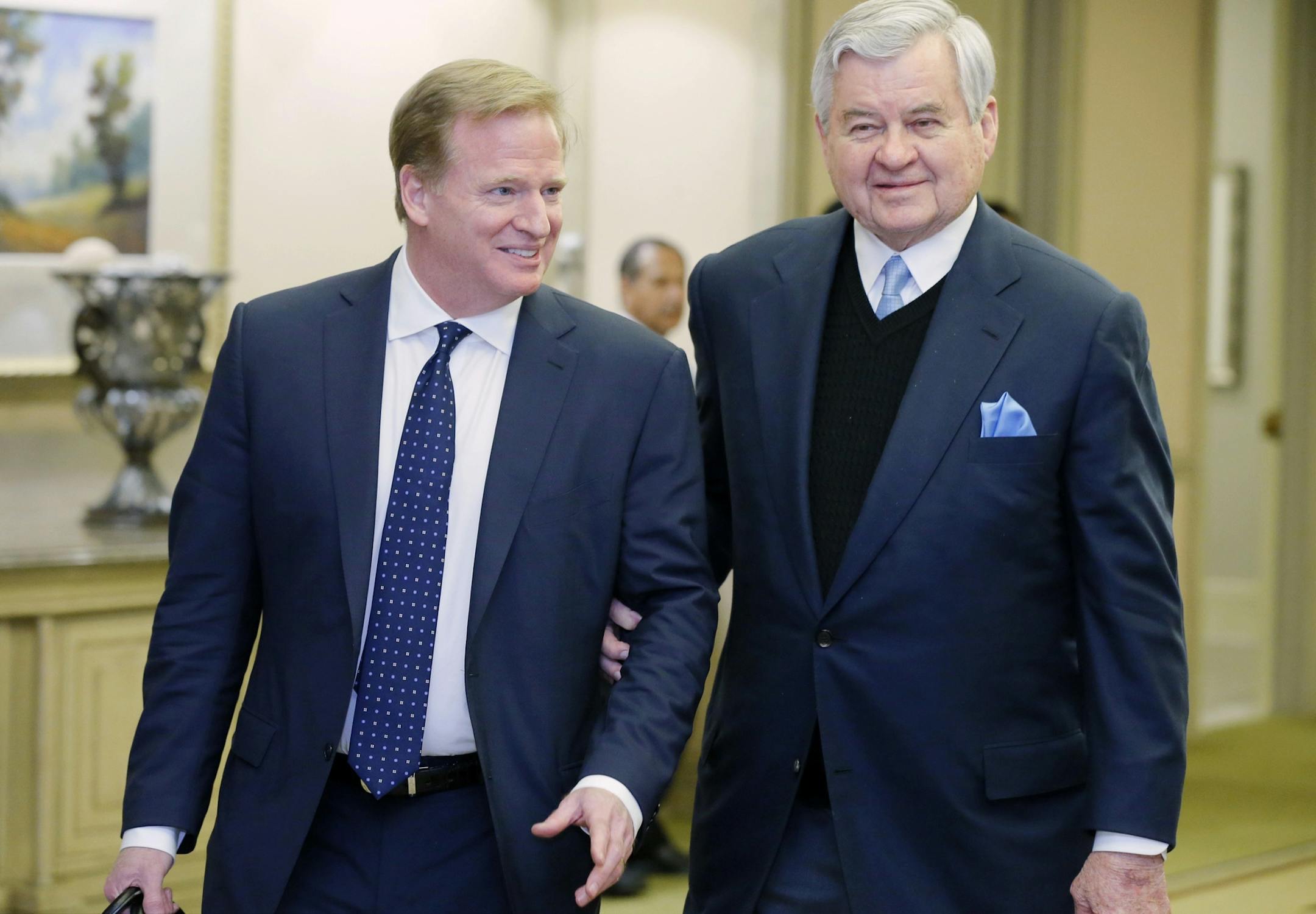 NFL comissioner Roger Goodell, left, and Carolina Panthers owner Jerry Richardson walk together during a break at an NFL owners meeting in Irving, Texas, Wednesday, Dec. 2, 2015. (AP Photo/Brandon Wade) ORG XMIT: TXBW111