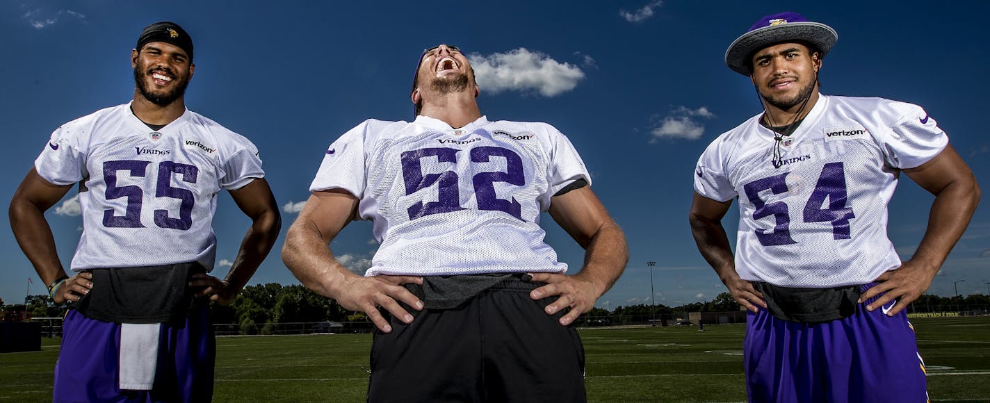 Minnesota Vikings linebackers Anthony Barr (55), Chad Greenway (52) and Eric Kendricks (54). ] CARLOS GONZALEZ cgonzalez@startribune.com - July / August, 2016, Mankato, MN, Minnesota State University, Mankato, Minnesota Vikings Training Camp