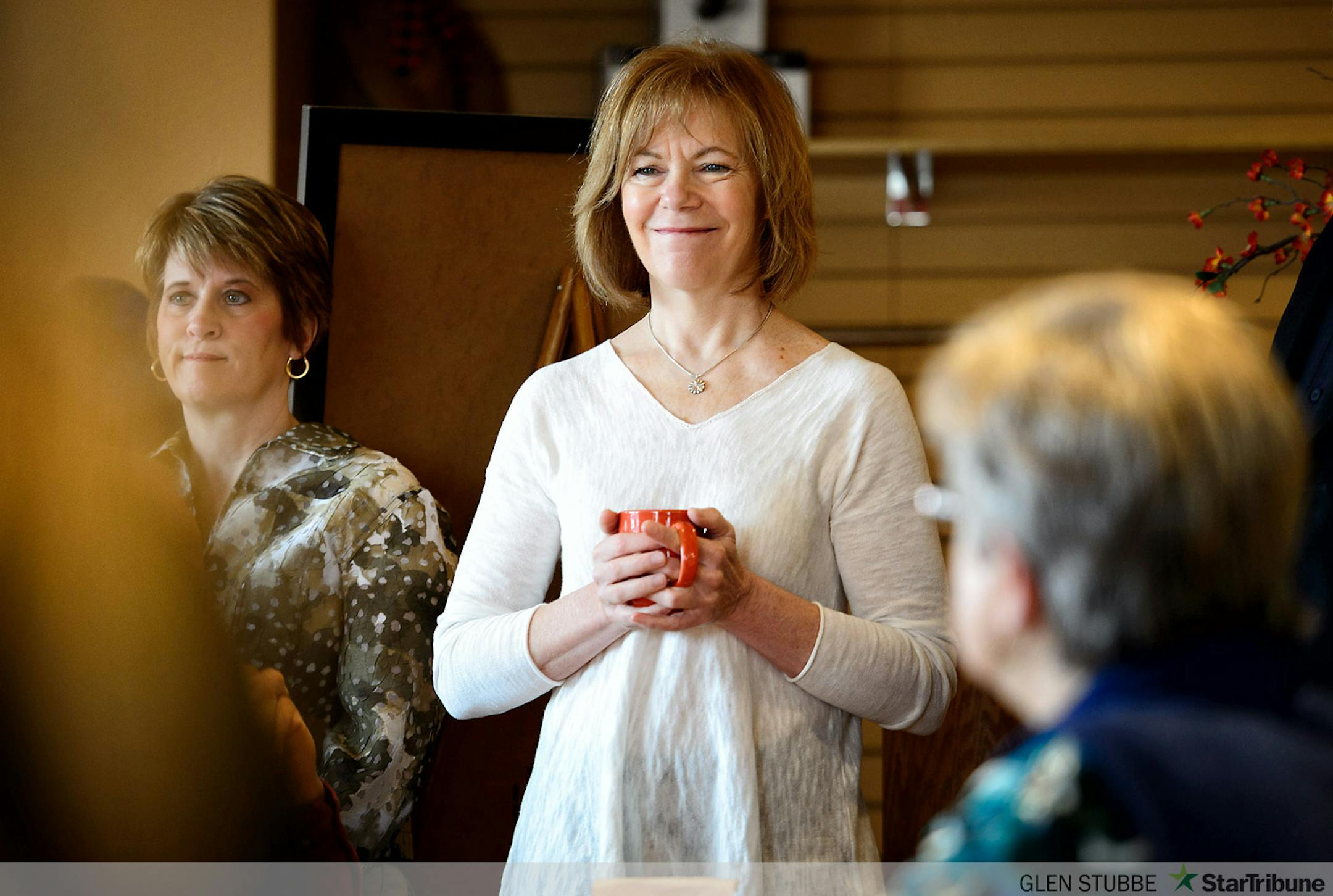 Lt. Governor candidate and Mark Dayton's running mate Tina Smith visited with supporters and patrons at Dierdre's Coffee, Willmar, MN.  Governor Dayton is recovering from hip surgery and is unable to campaign for now.          ]   GLEN STUBBE * gstubbe@startribune.com   Saturday, April 12, 2014