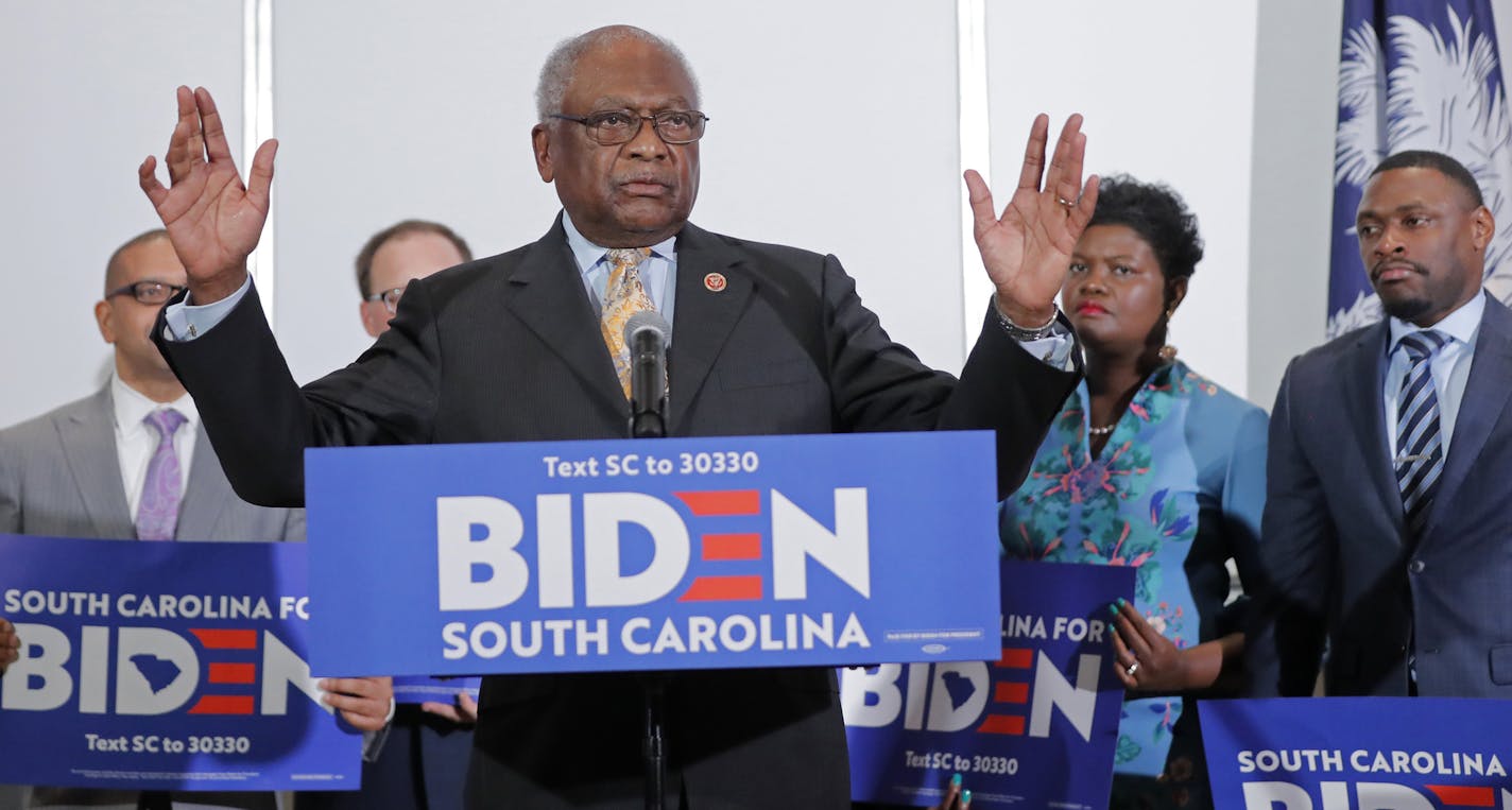 House Majority Whip, Rep. Jim Clyburn, D-S.C., endorses Democratic presidential candidate and former Vice President Joe Biden, in North Charleston, S.C., Wednesday, Feb. 26, 2020. (AP Photo/Gerald Herbert)