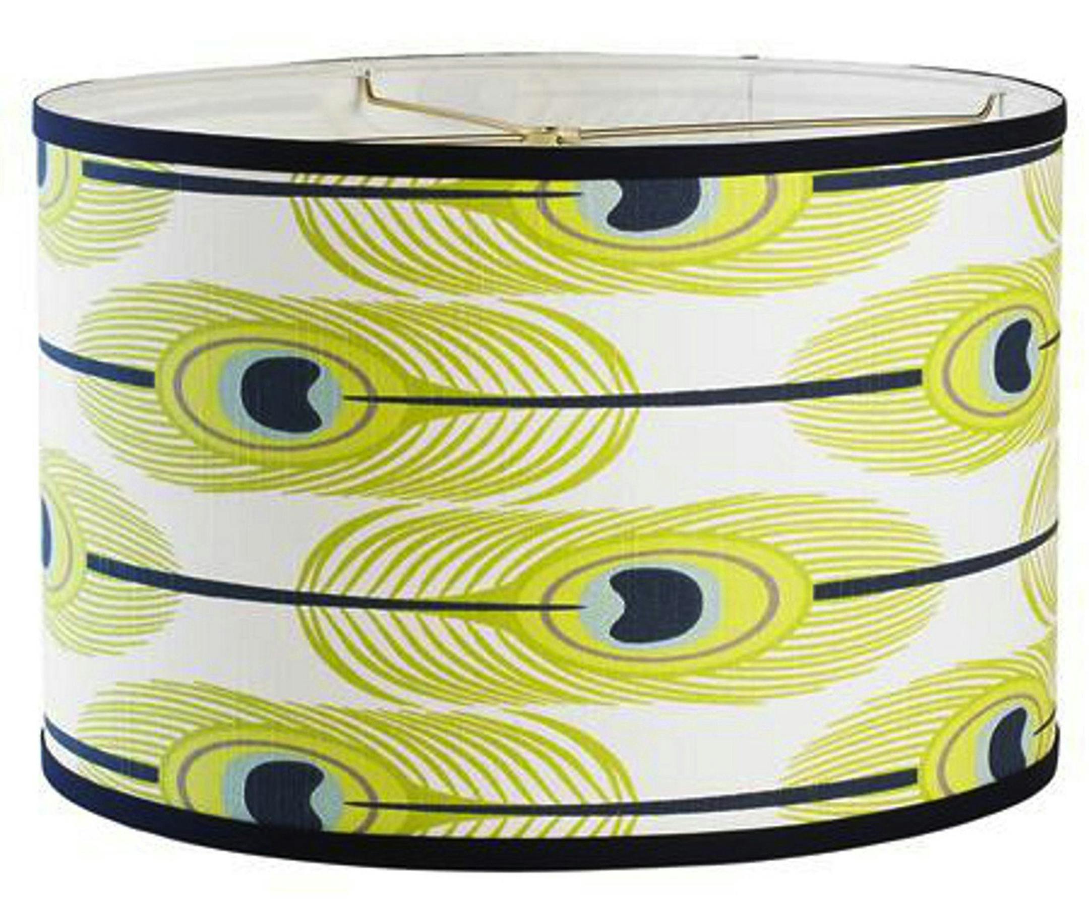 Peacock feathers are a fetching graphic design on a 16-inch drum shade, $69 from Shades of Light (www.shadesoflight.com) (Shades of Light)