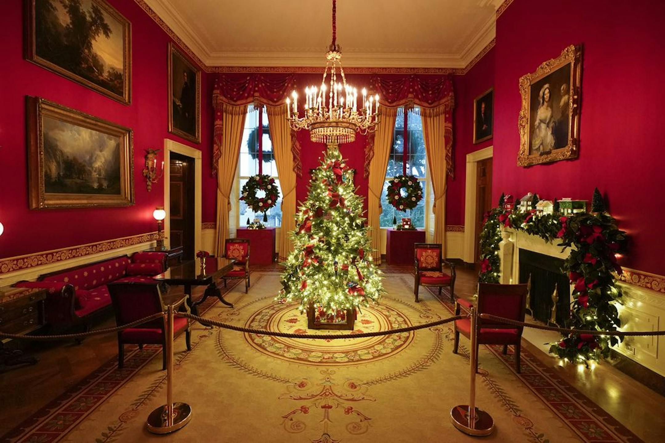 The Red Room of the White House is decorated during the 2020 Christmas preview, Monday, Nov. 30, 2020, in Washington.