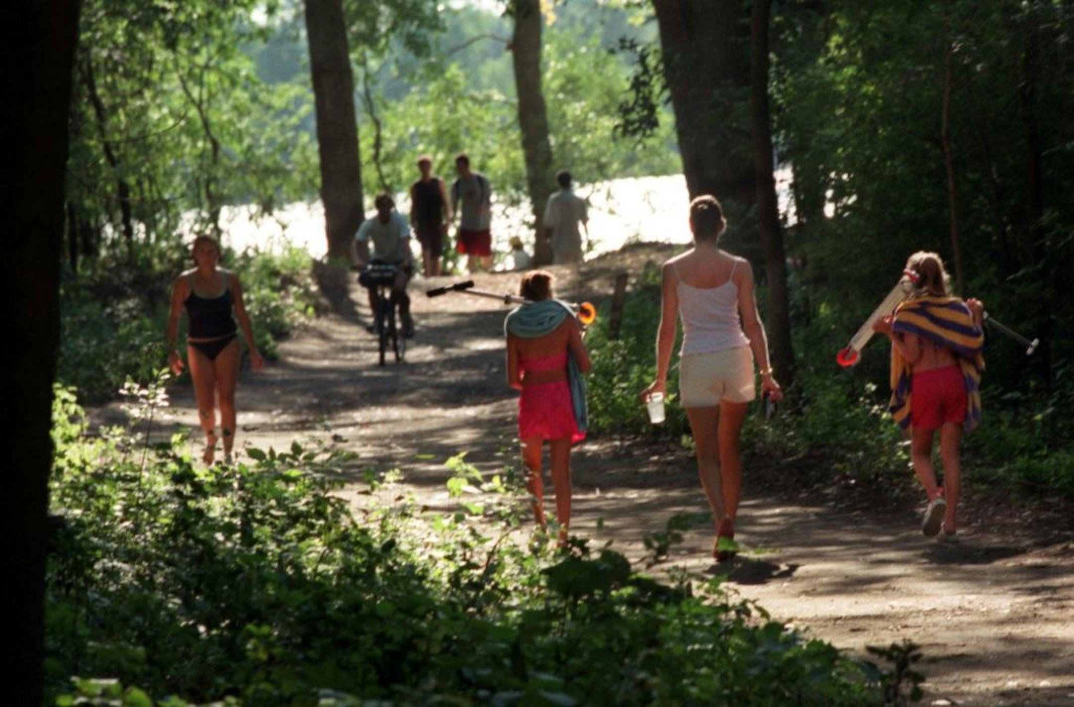 The pathway through the woods that leads to Hidden Beach on Cedar Lake in Minneapolis is filled with those coming and going to and from the beach. The seclusion of the beach is what makes it a popular place for those trying to escape the rules and regulations of most beaches on the city lakes. People arrive on bikes, scooters and on foot. Skinny dippers, children , and dogs love to romp in the water and even in the mud pond near the beach. However, neighbors are concerned about the beach, especi