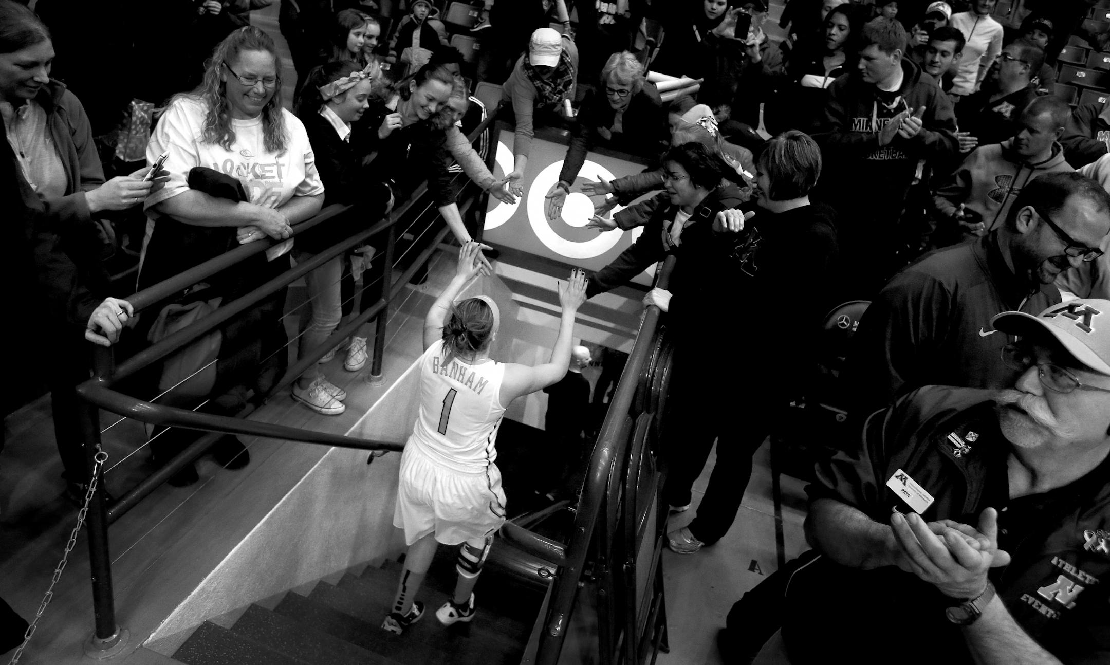 Rachel Banham greeted by fans as she headed to the locker room after a 35-point game against Iowa.