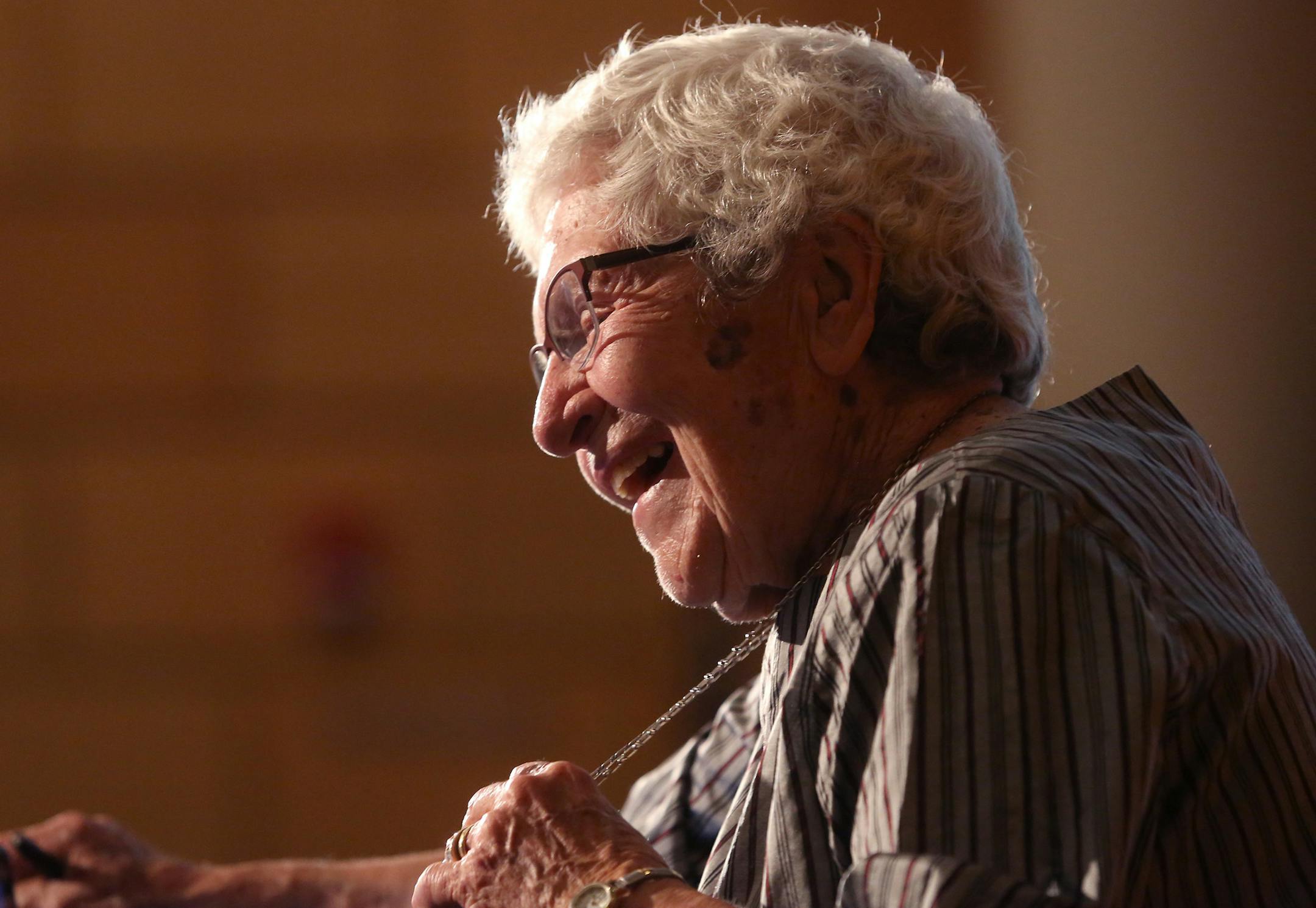 Arvonne Fraser, of Minneapolis, celebrated her 90th birthday, she as addressed a group about about the unfinished business of her longtime activism. ] (KYNDELL HARKNESS/STAR TRIBUNE) kyndell.harkness@startribune.com Arvonne Fraser of Minneapolis is giving an address and participating in a panel discussion at the Humphrey School of Public Affairs in Minneapolis Min., Wednesday September 16, 2015.