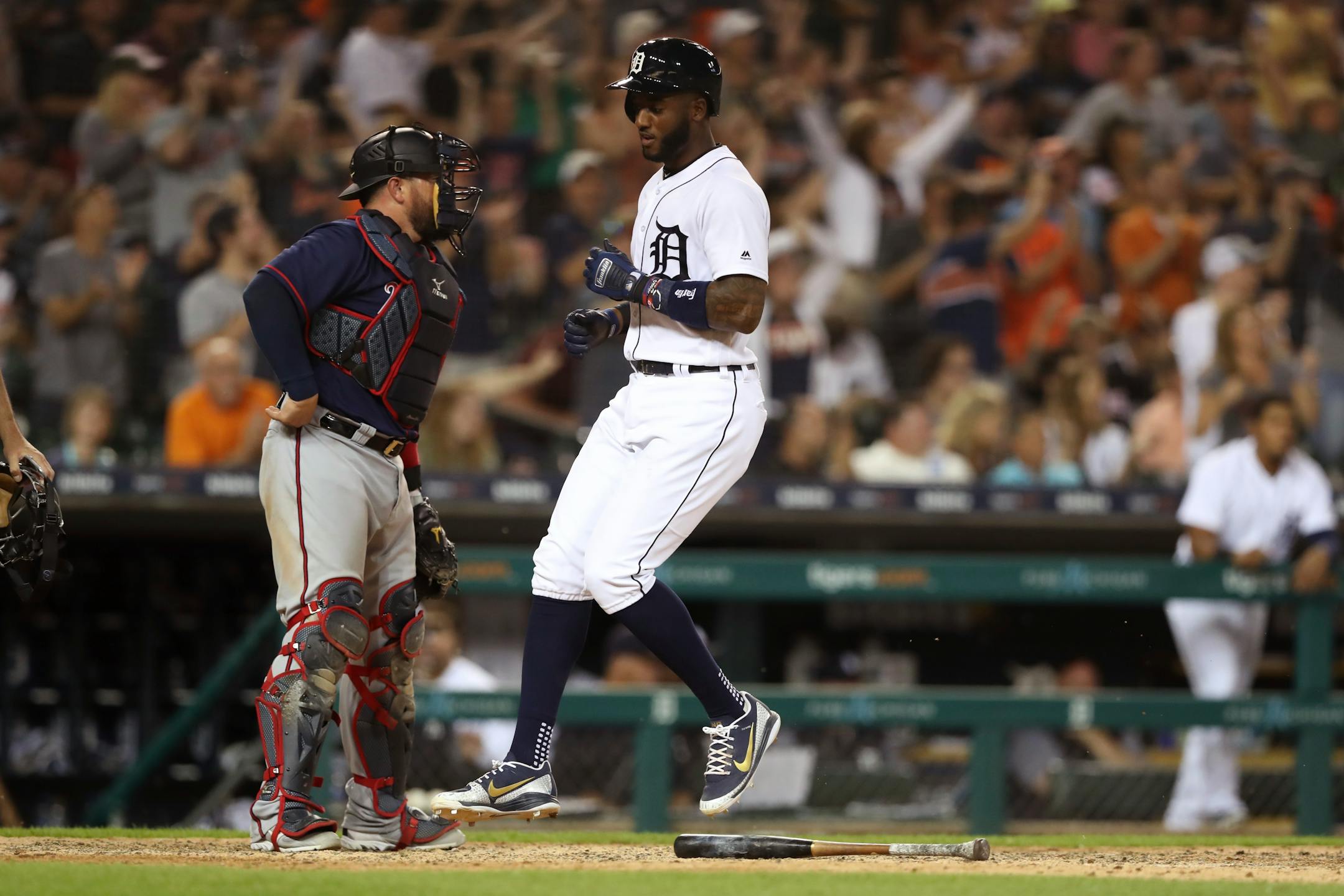 The Tigers' Niko Goodrum scored on a single by Victor Reyes during a four-run rally in the eighth inning of Detroit's 5-2 victory over the Twins on Wednesday. Goodrum had a double and a homer off former teammate Jose Berrios.